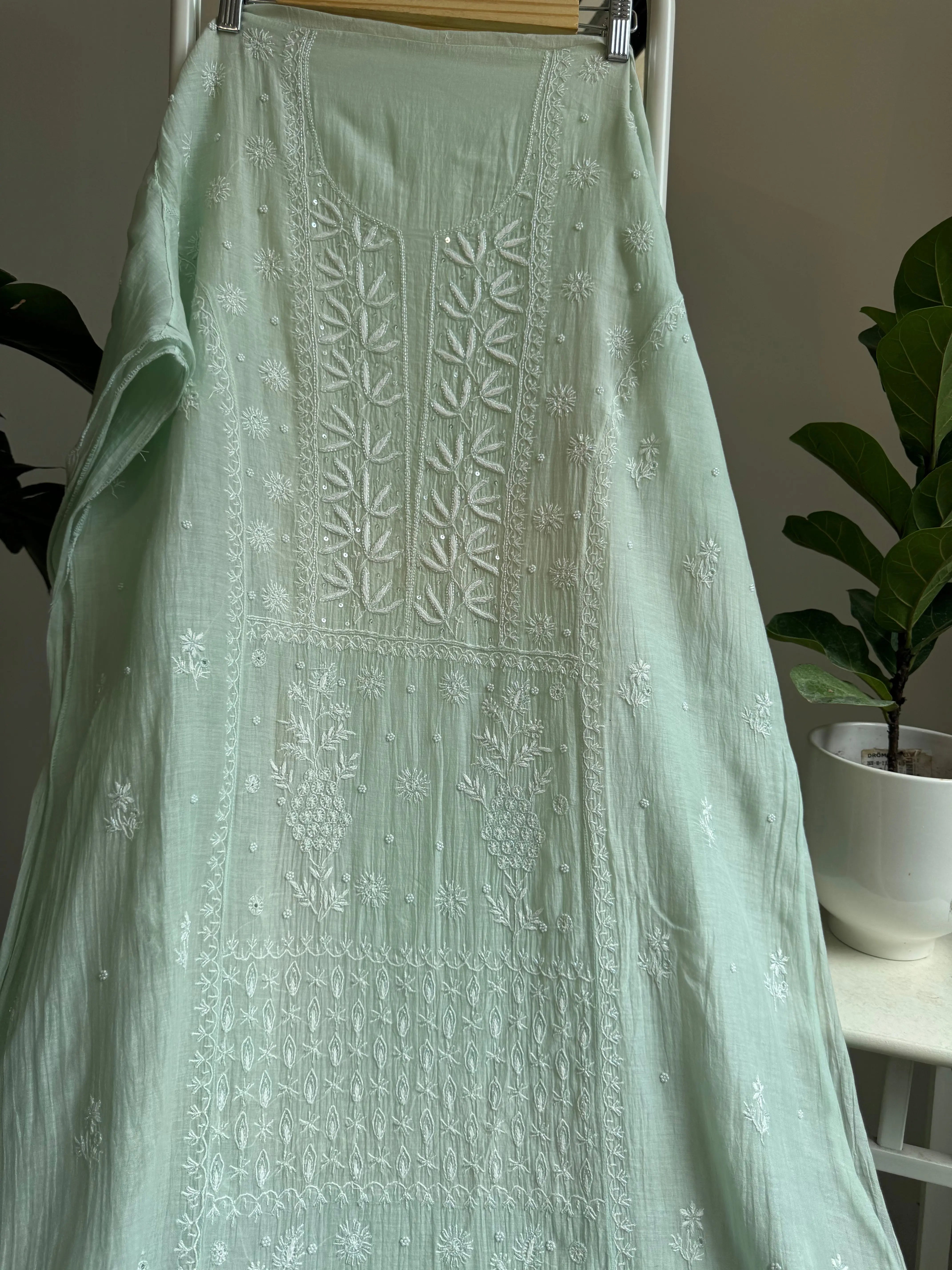 Mul Chanderi Straight Tunic - Green ARIAA CHIKANKARI 