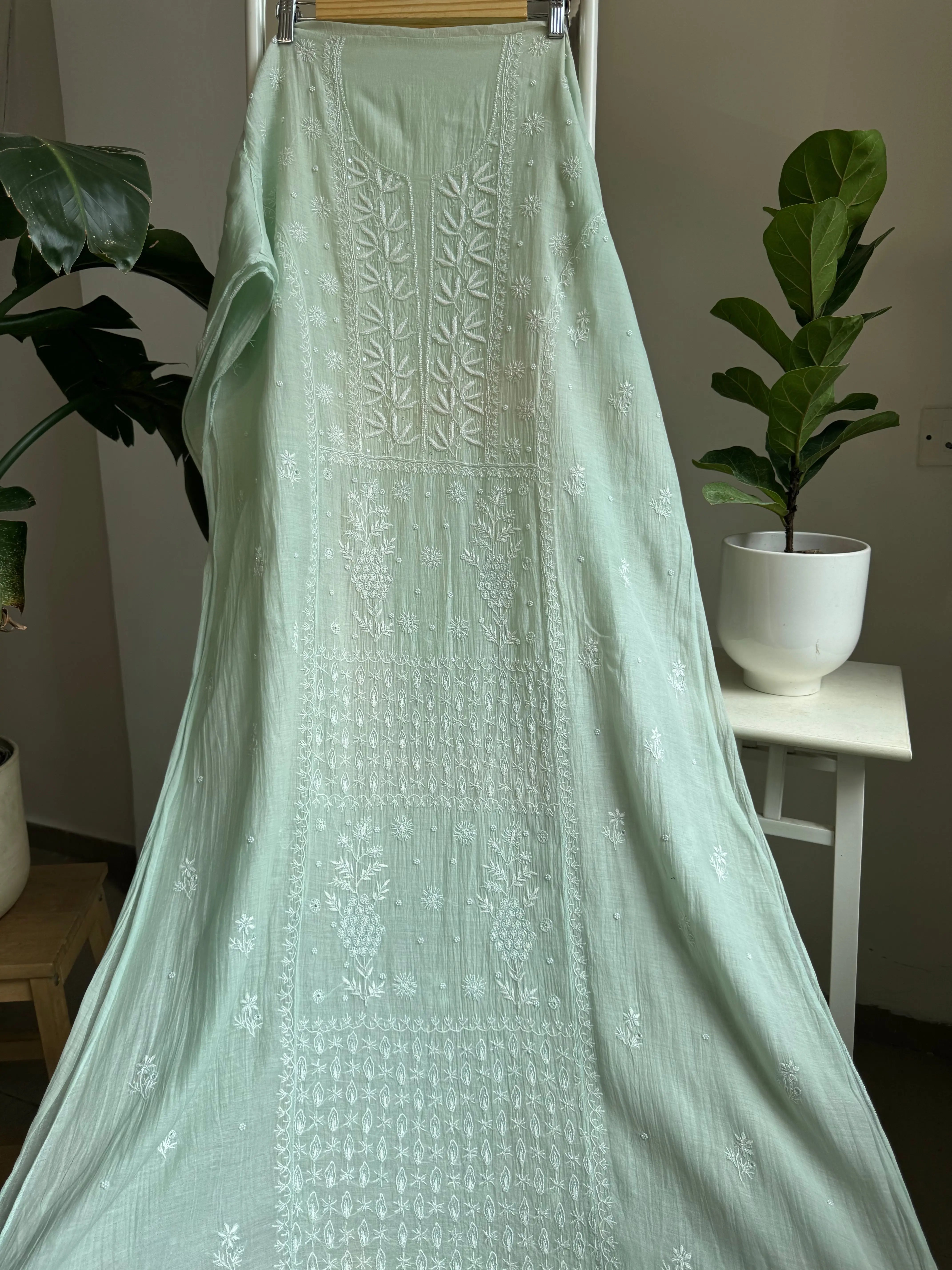 Mul Chanderi Straight Tunic - Green ARIAA CHIKANKARI 