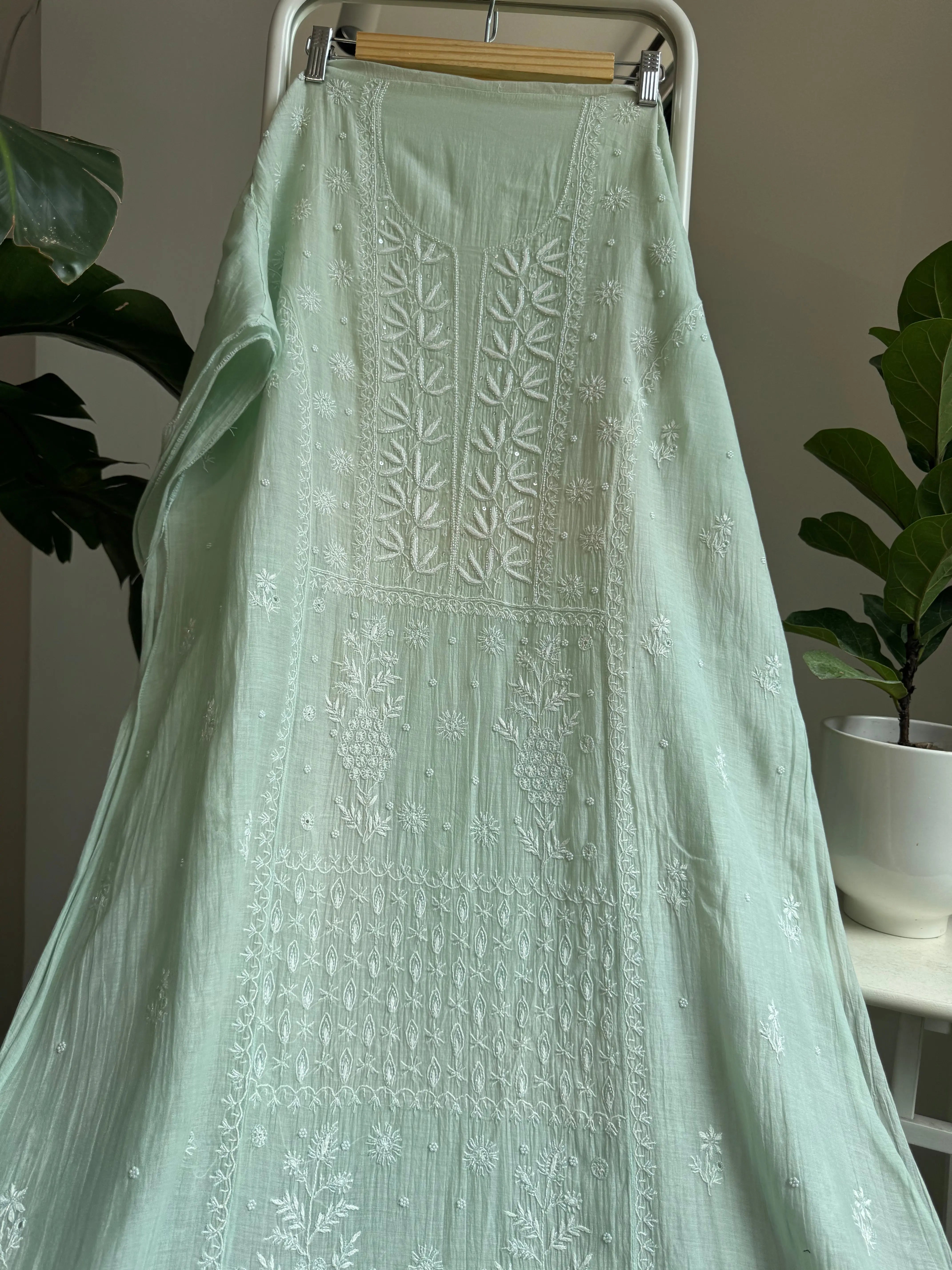 Mul Chanderi Straight Tunic - Green ARIAA CHIKANKARI 