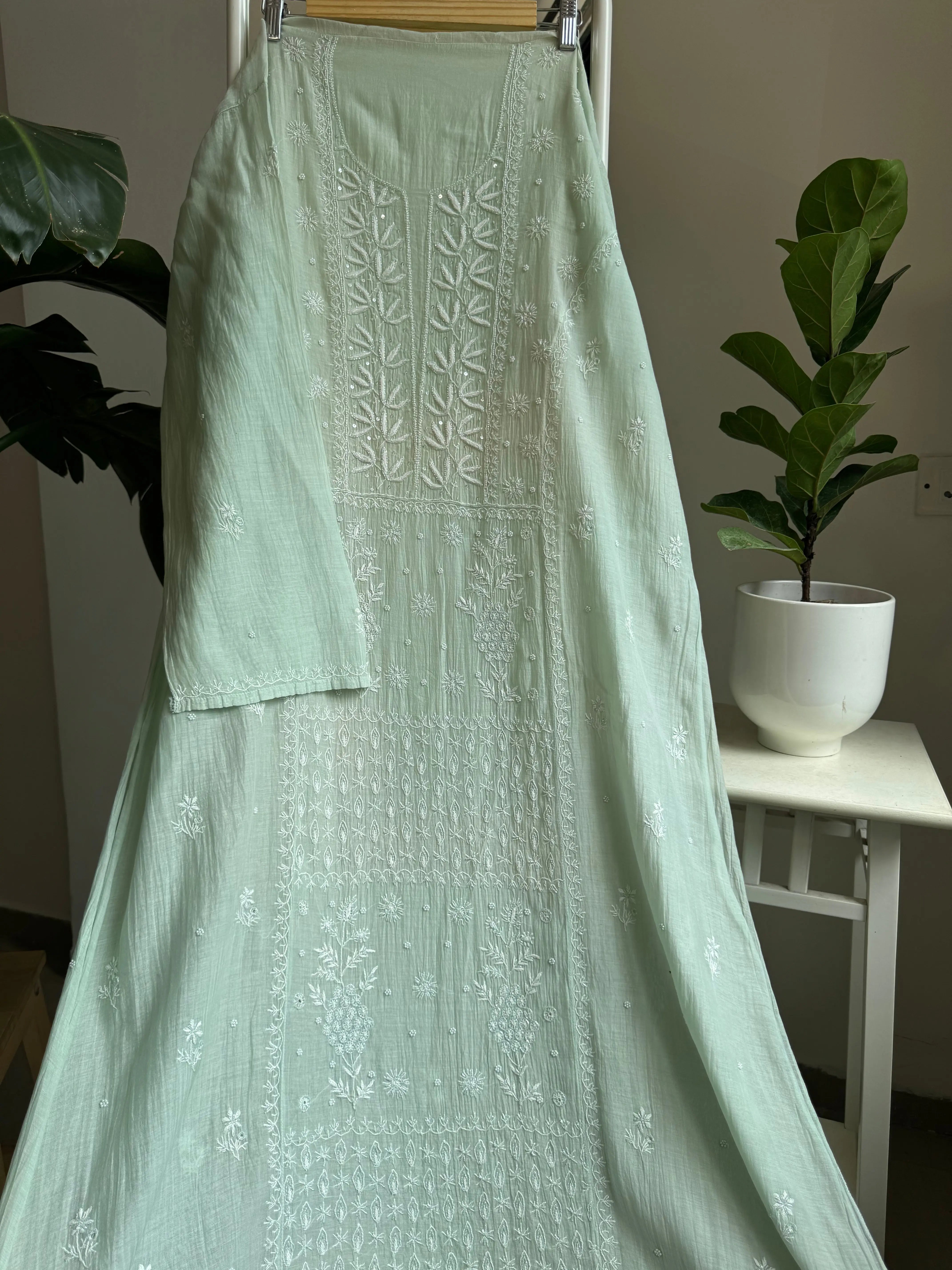 Mul Chanderi Straight Tunic - Green ARIAA CHIKANKARI 