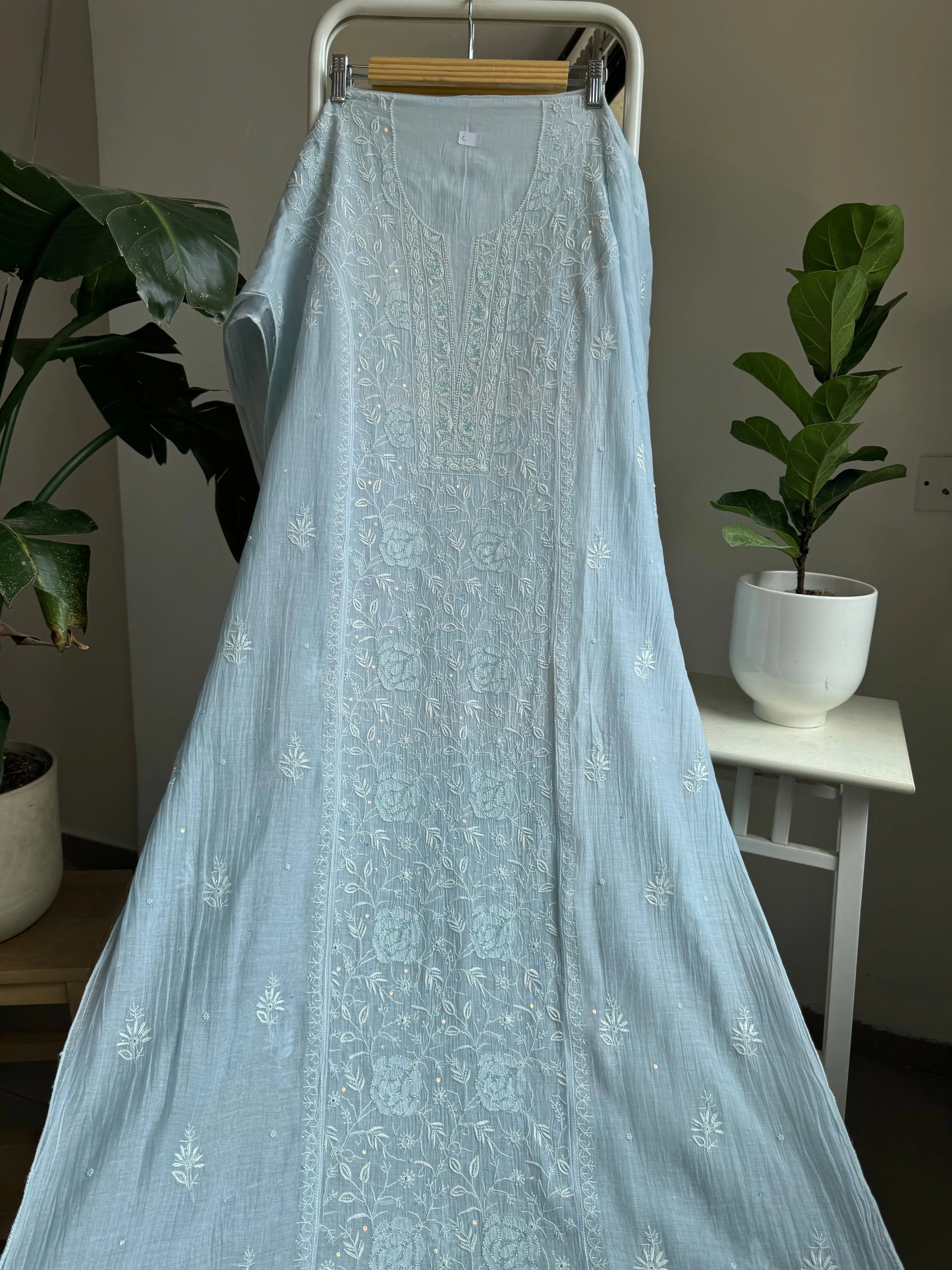 Mul Chanderi Straight Tunic - Baby Blue ARIAA CHIKANKARI 