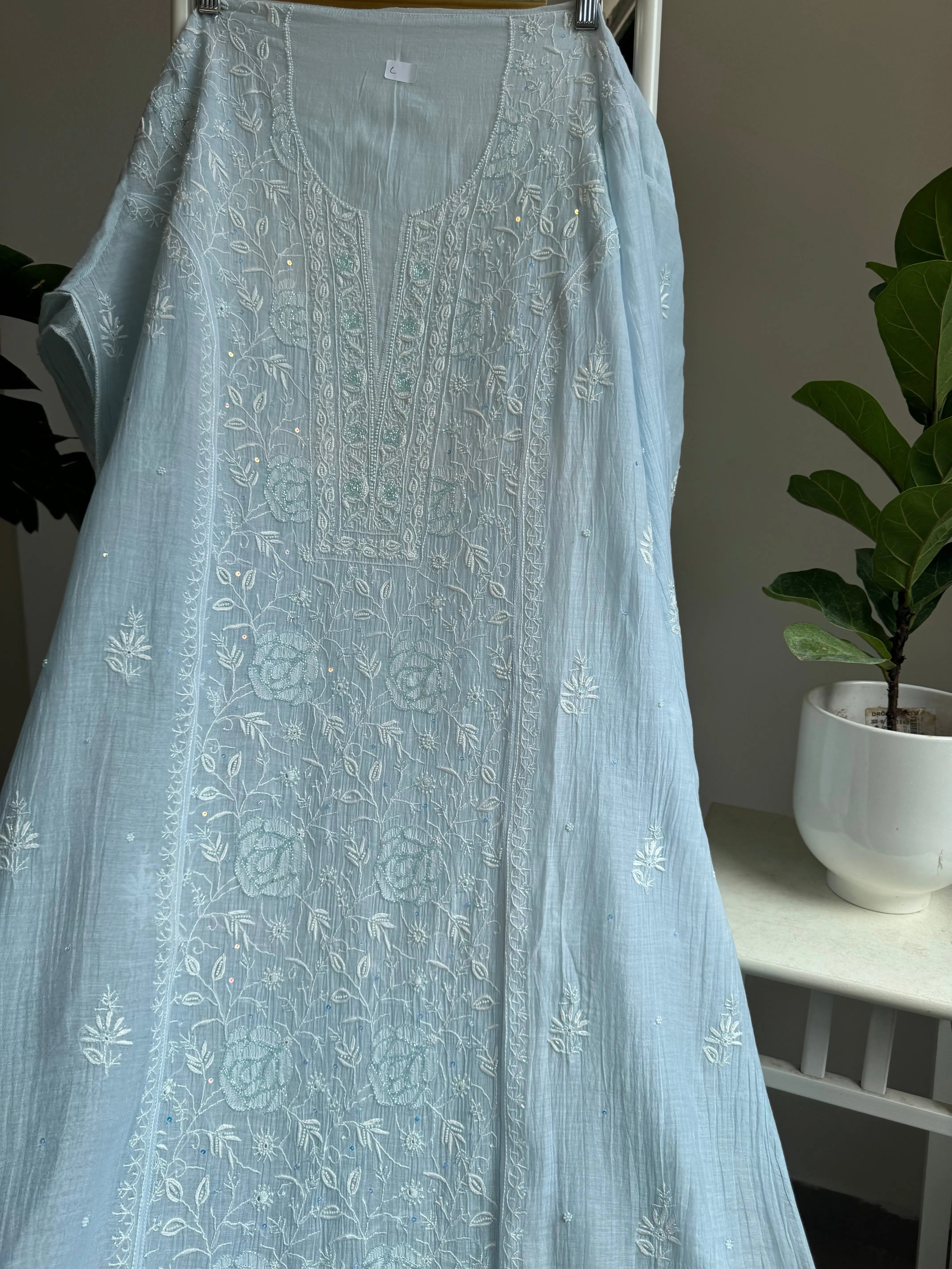 Mul Chanderi Straight Tunic - Baby Blue ARIAA CHIKANKARI 