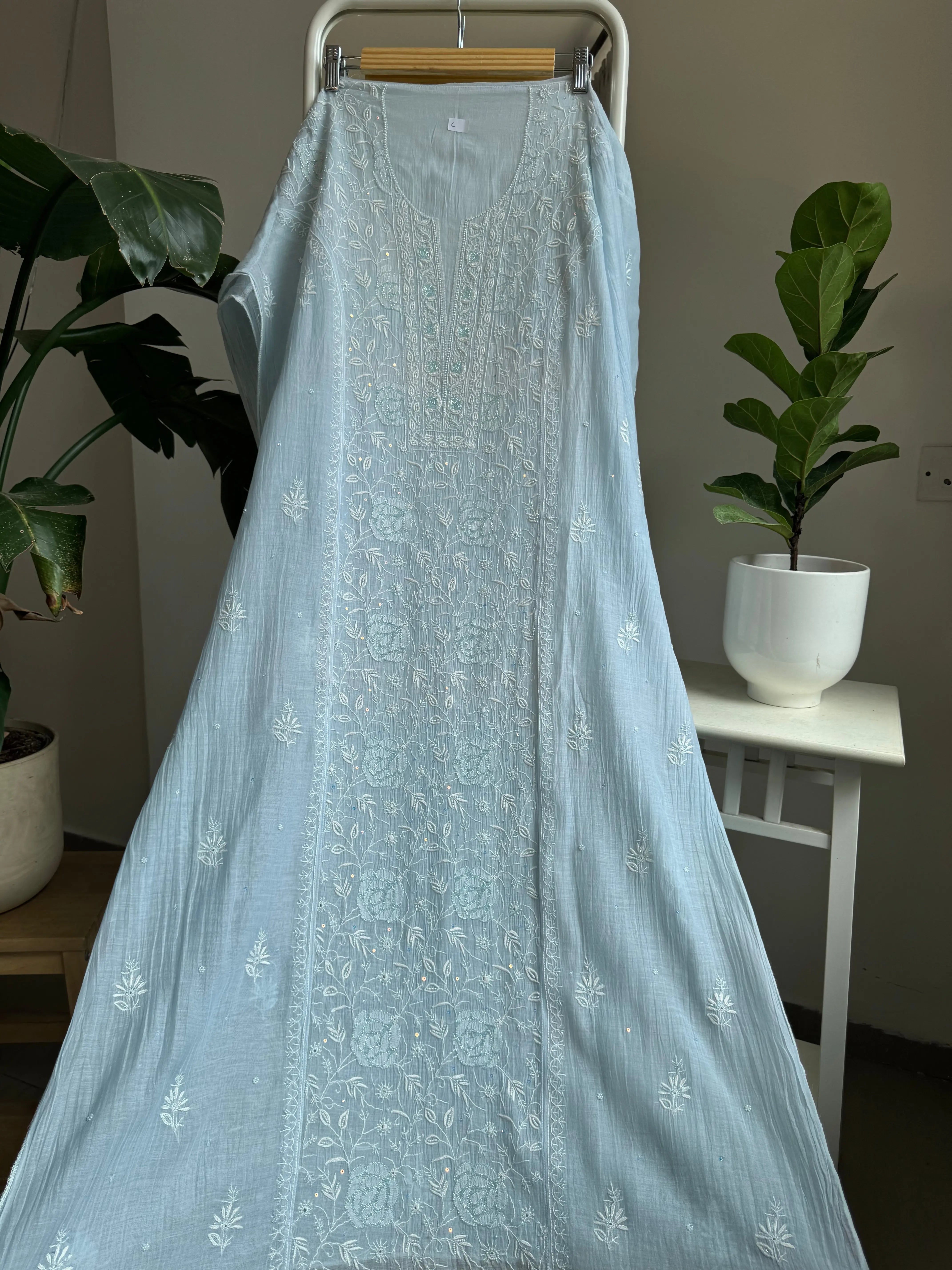 Mul Chanderi Straight Tunic - Baby Blue ARIAA CHIKANKARI 