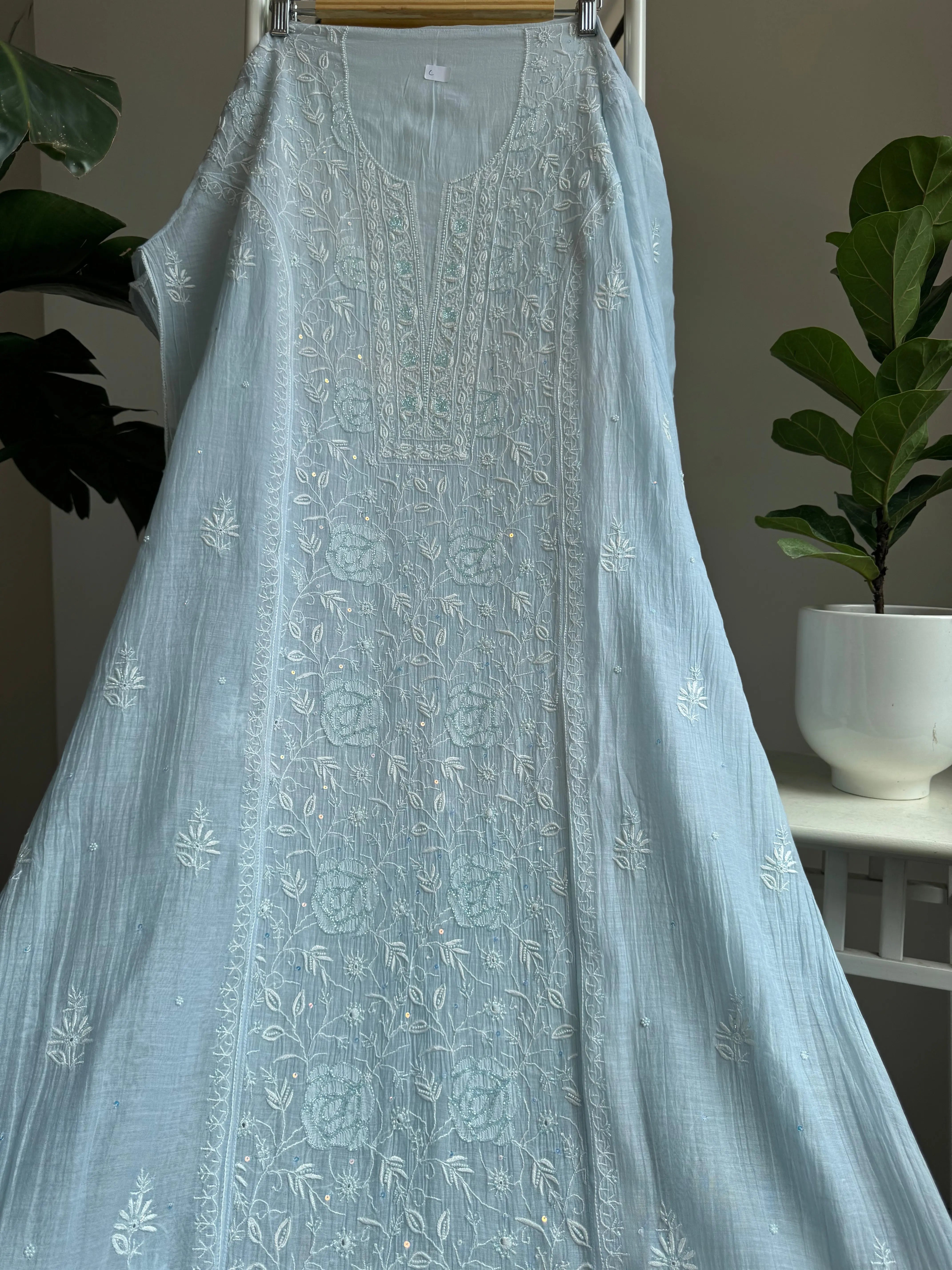 Mul Chanderi Straight Tunic - Baby Blue ARIAA CHIKANKARI 