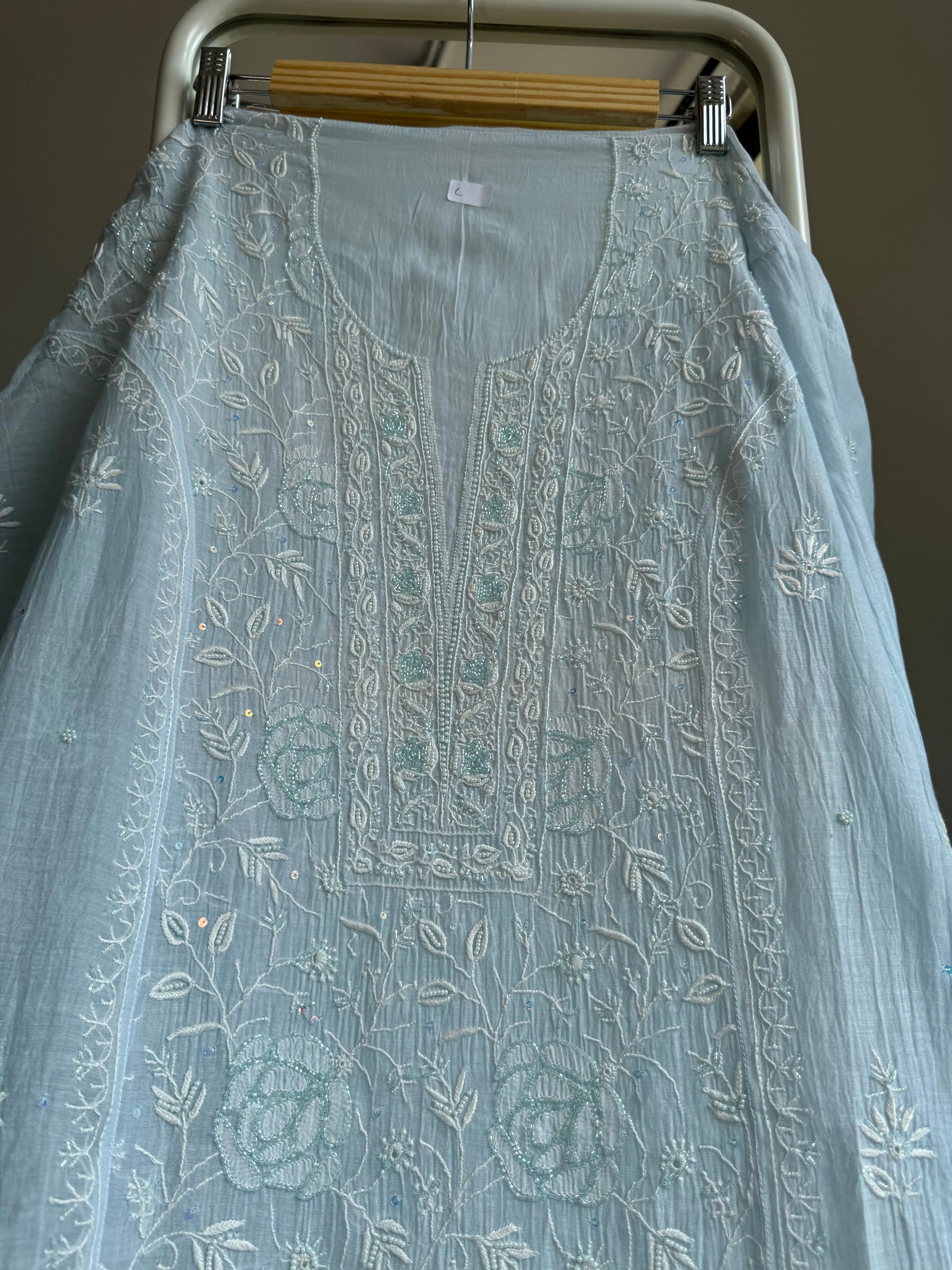 Mul Chanderi Straight Tunic - Baby Blue ARIAA CHIKANKARI 