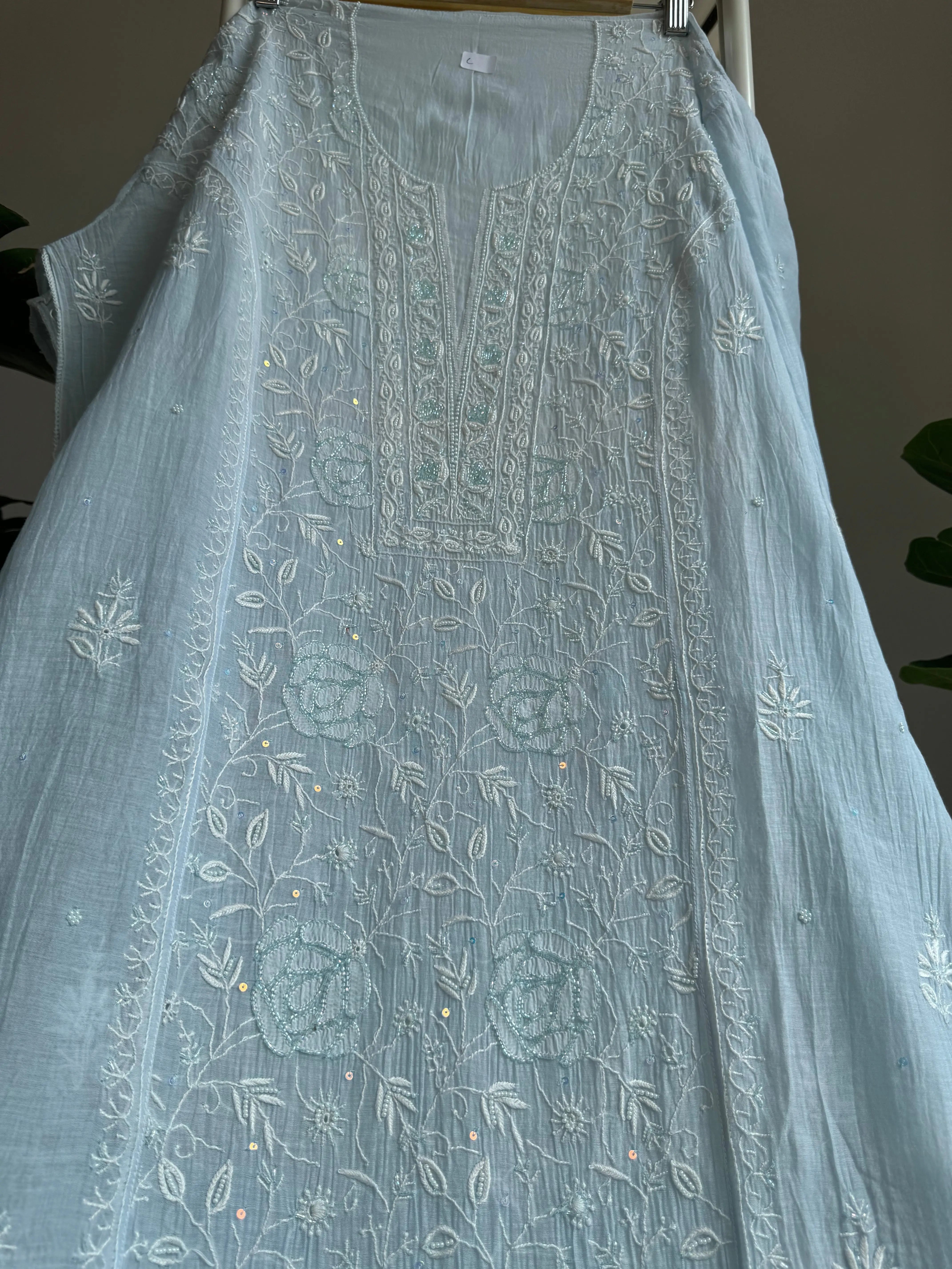 Mul Chanderi Straight Tunic - Baby Blue ARIAA CHIKANKARI 