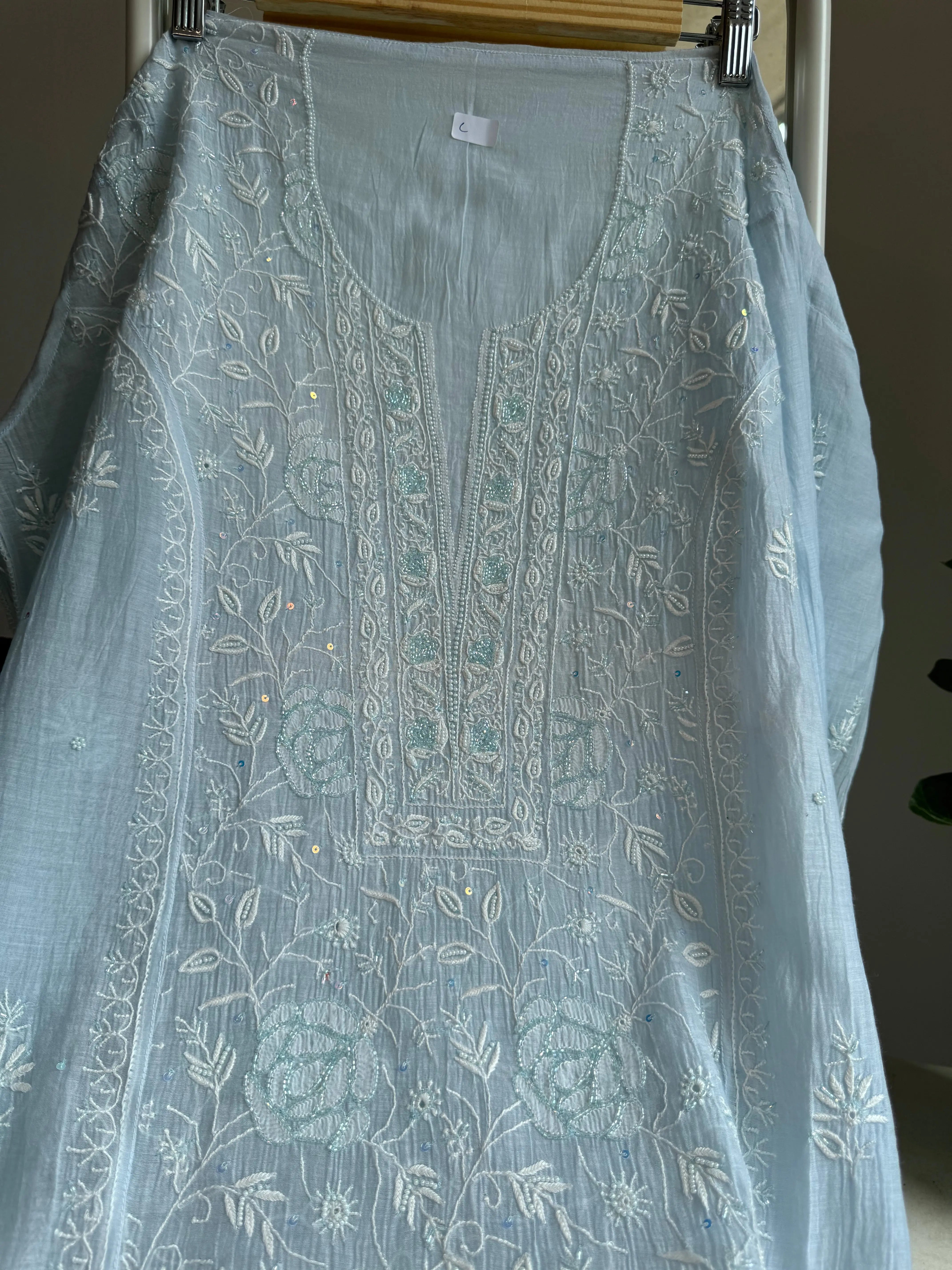 Mul Chanderi Straight Tunic - Baby Blue ARIAA CHIKANKARI 