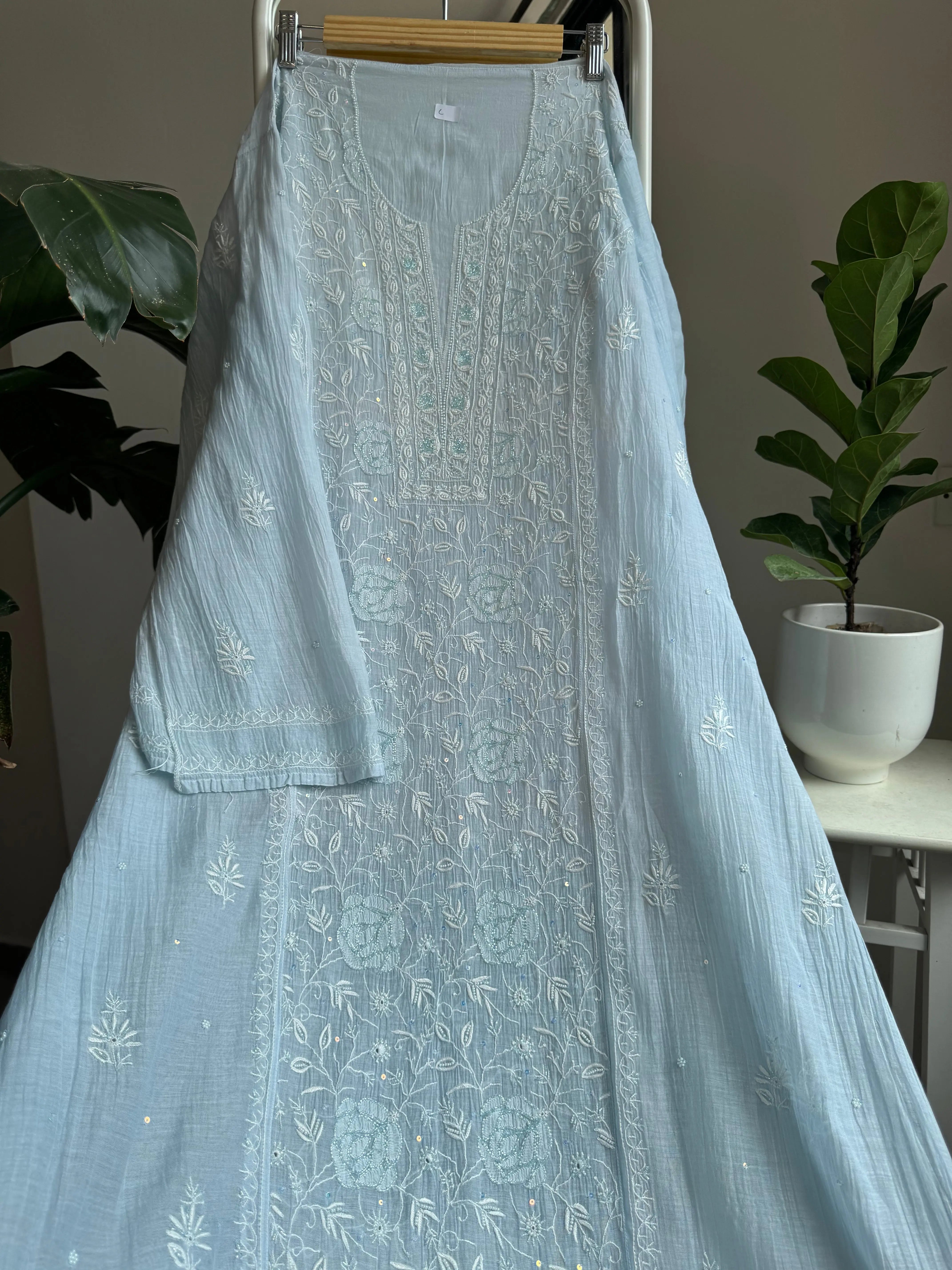 Mul Chanderi Straight Tunic - Baby Blue ARIAA CHIKANKARI 