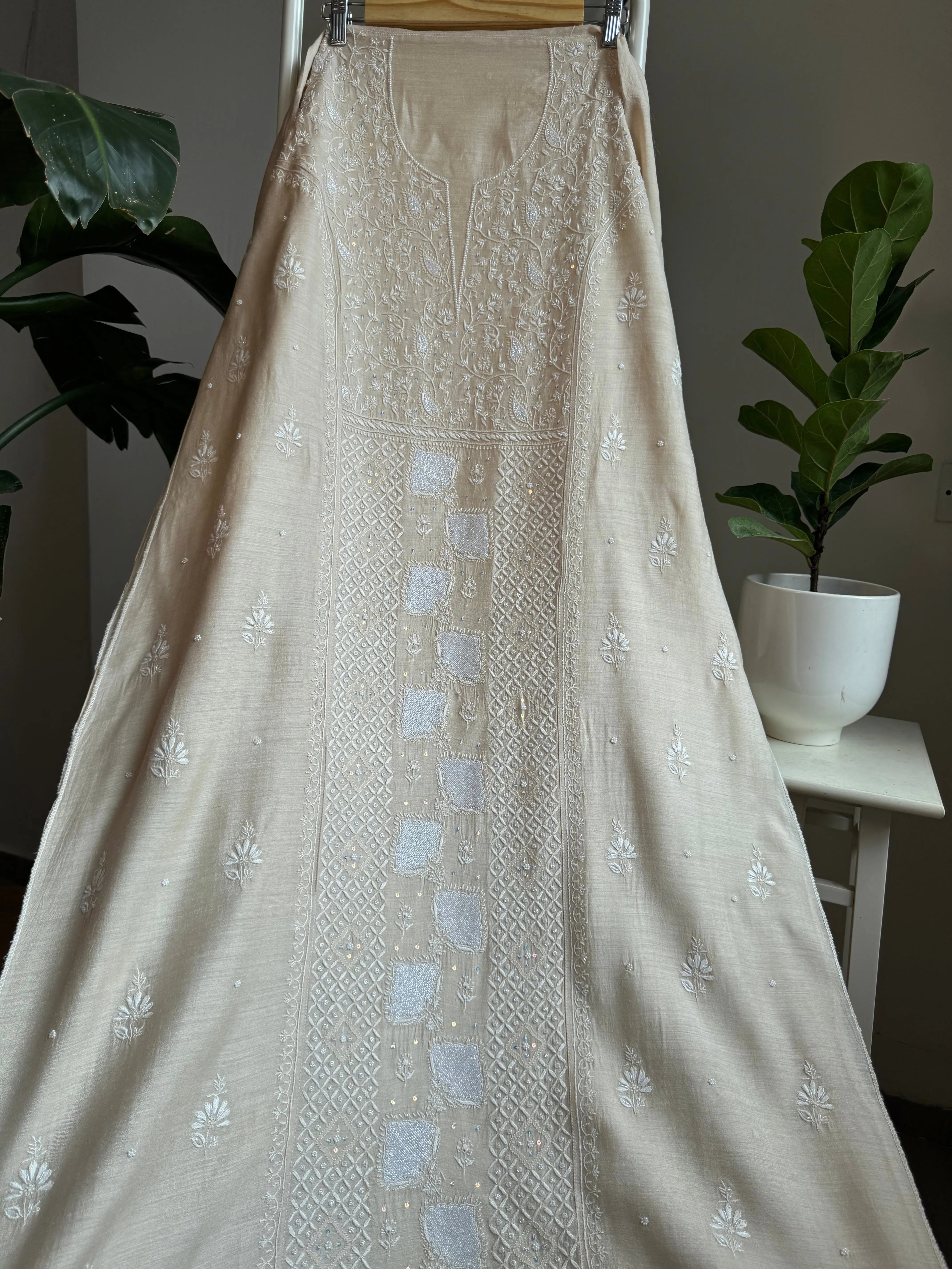 Silk Straight Semi Stitched - Beige ARIAA CHIKANKARI 