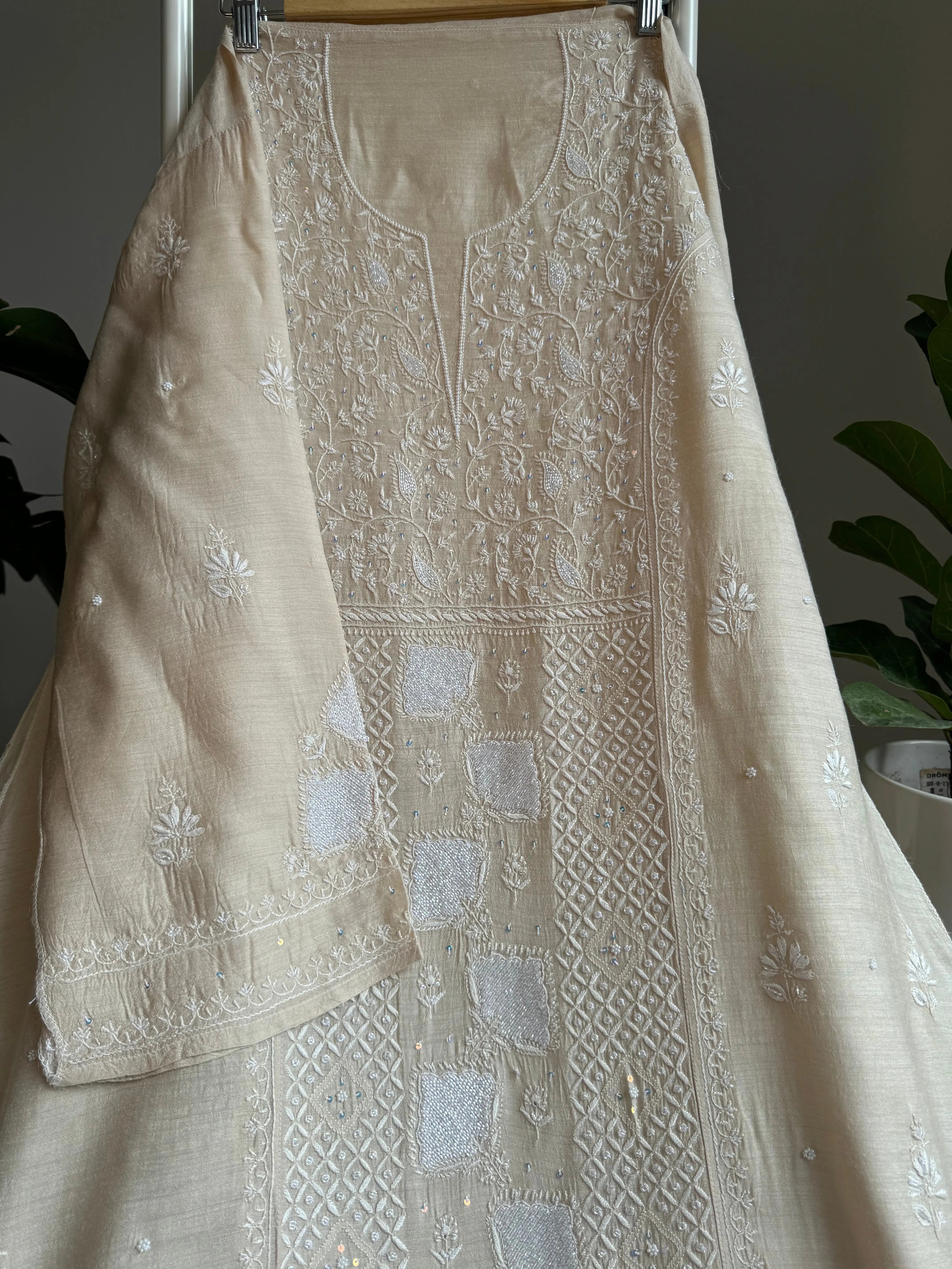 Silk Straight Semi Stitched - Beige ARIAA CHIKANKARI 