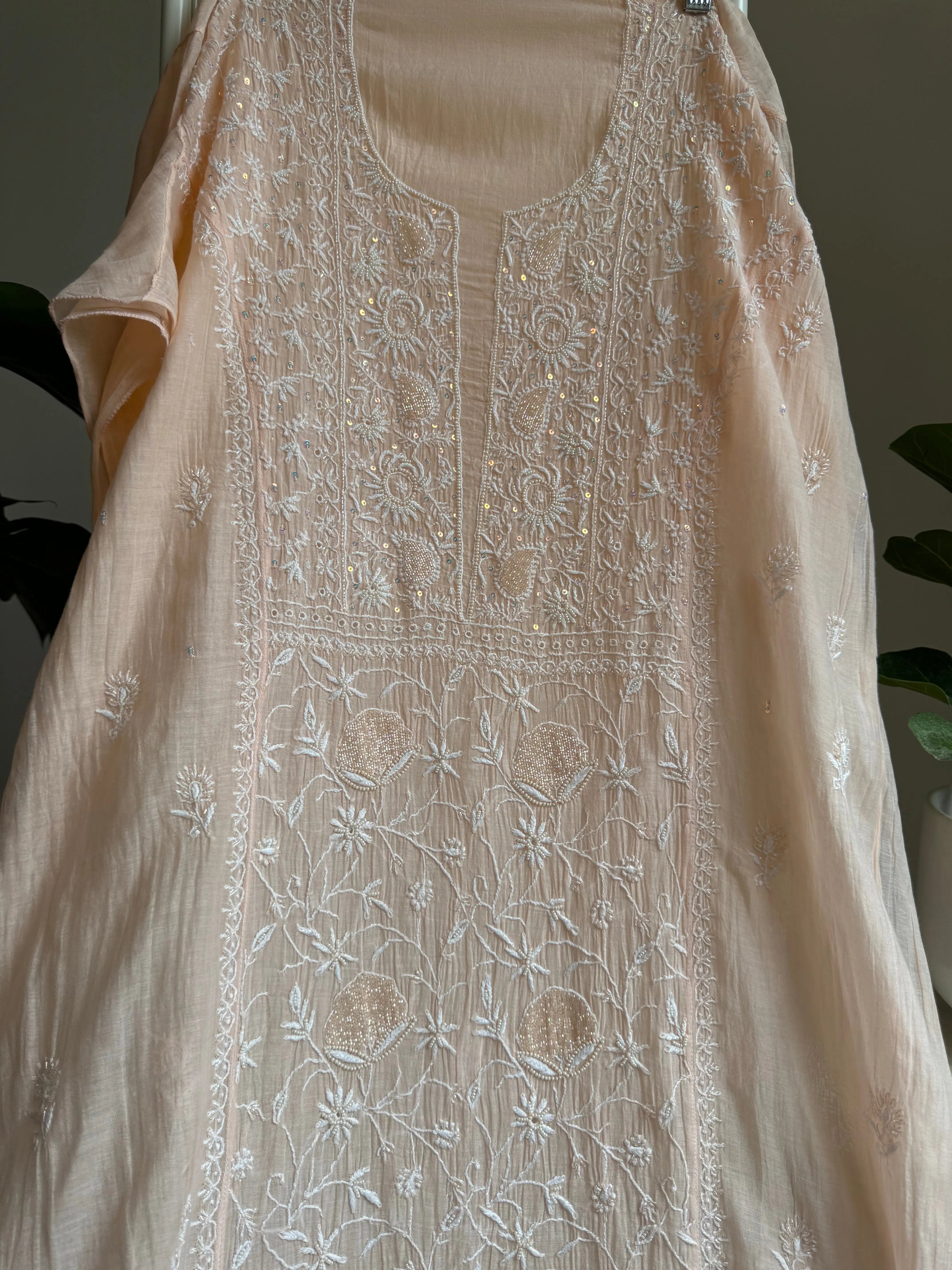 Mul Chanderi Straight Tunic - Peach ARIAA CHIKANKARI 