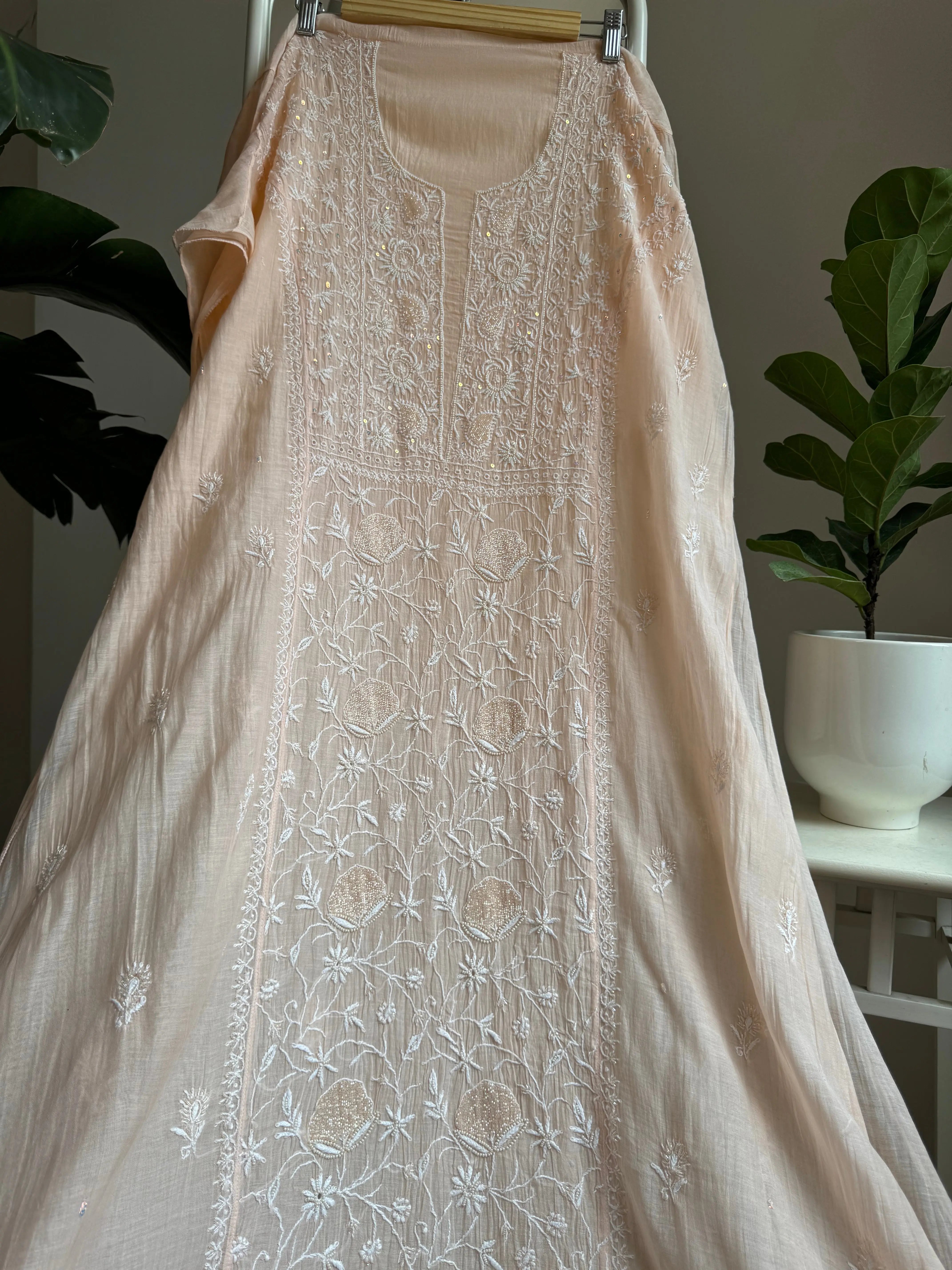 Mul Chanderi Straight Tunic - Peach ARIAA CHIKANKARI 