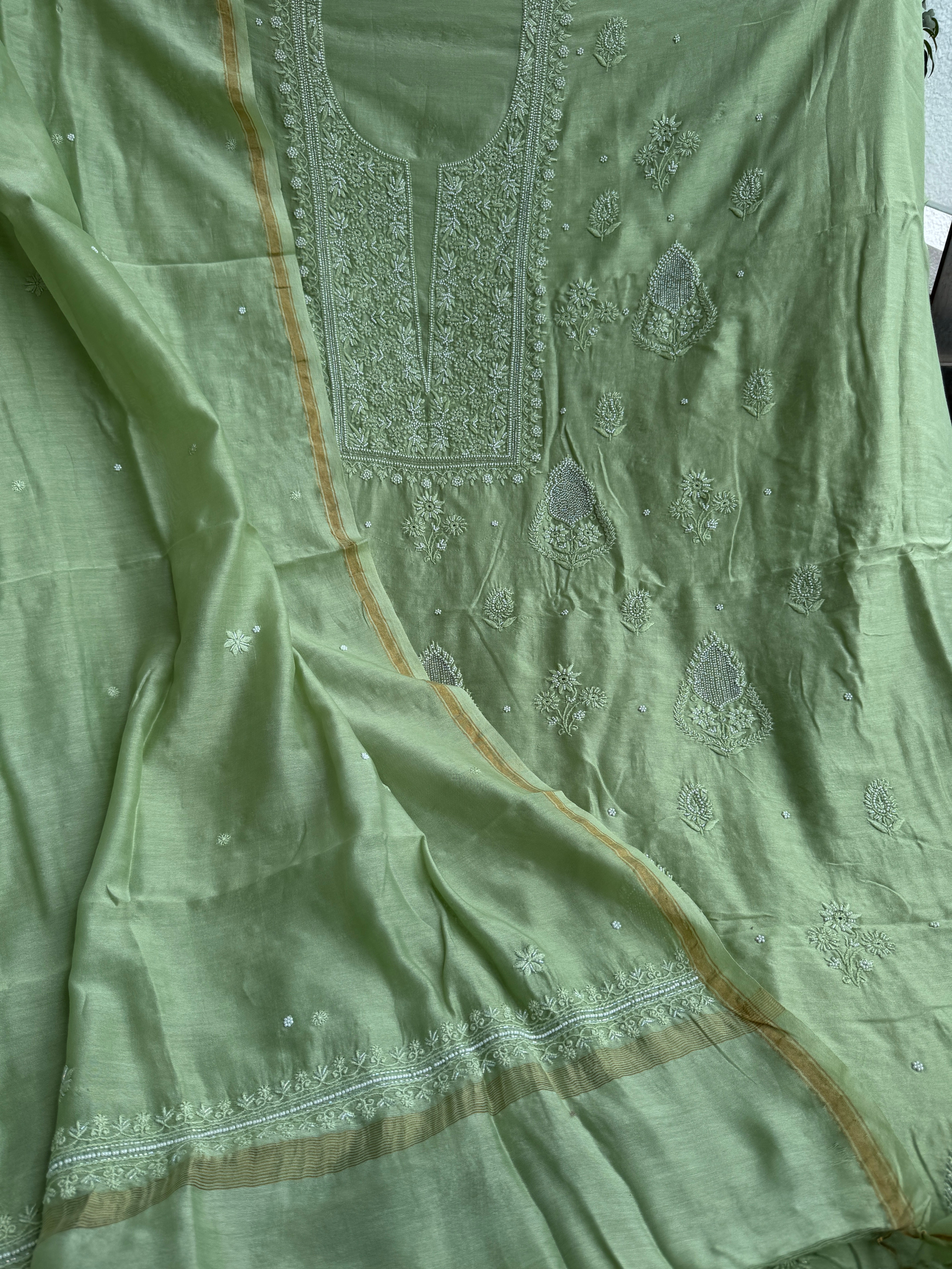 Chanderi Chikankari Length with Dupatta - Green
