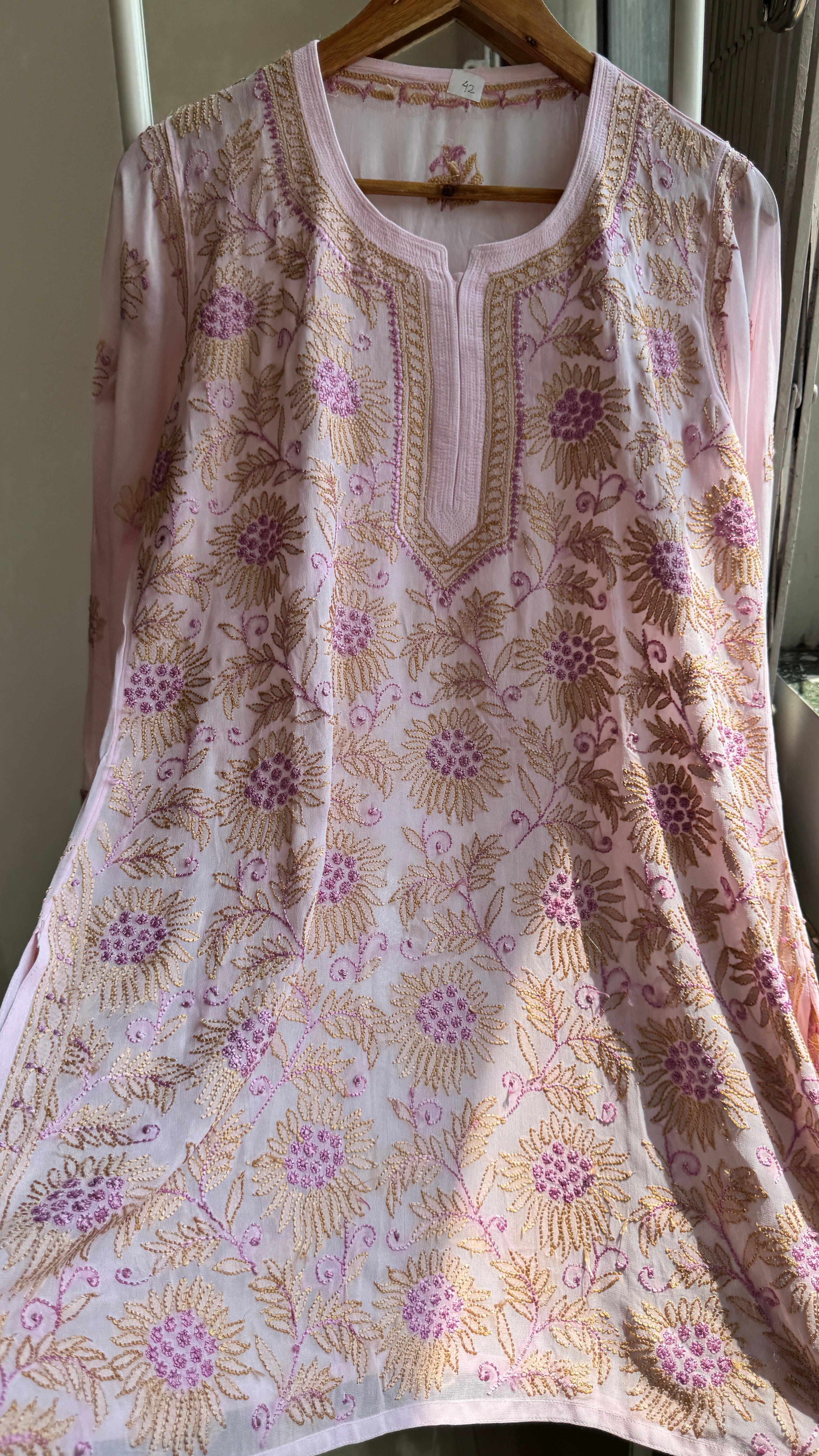 Chikankari Viscose Georgette short Top in Pink Multi Thread