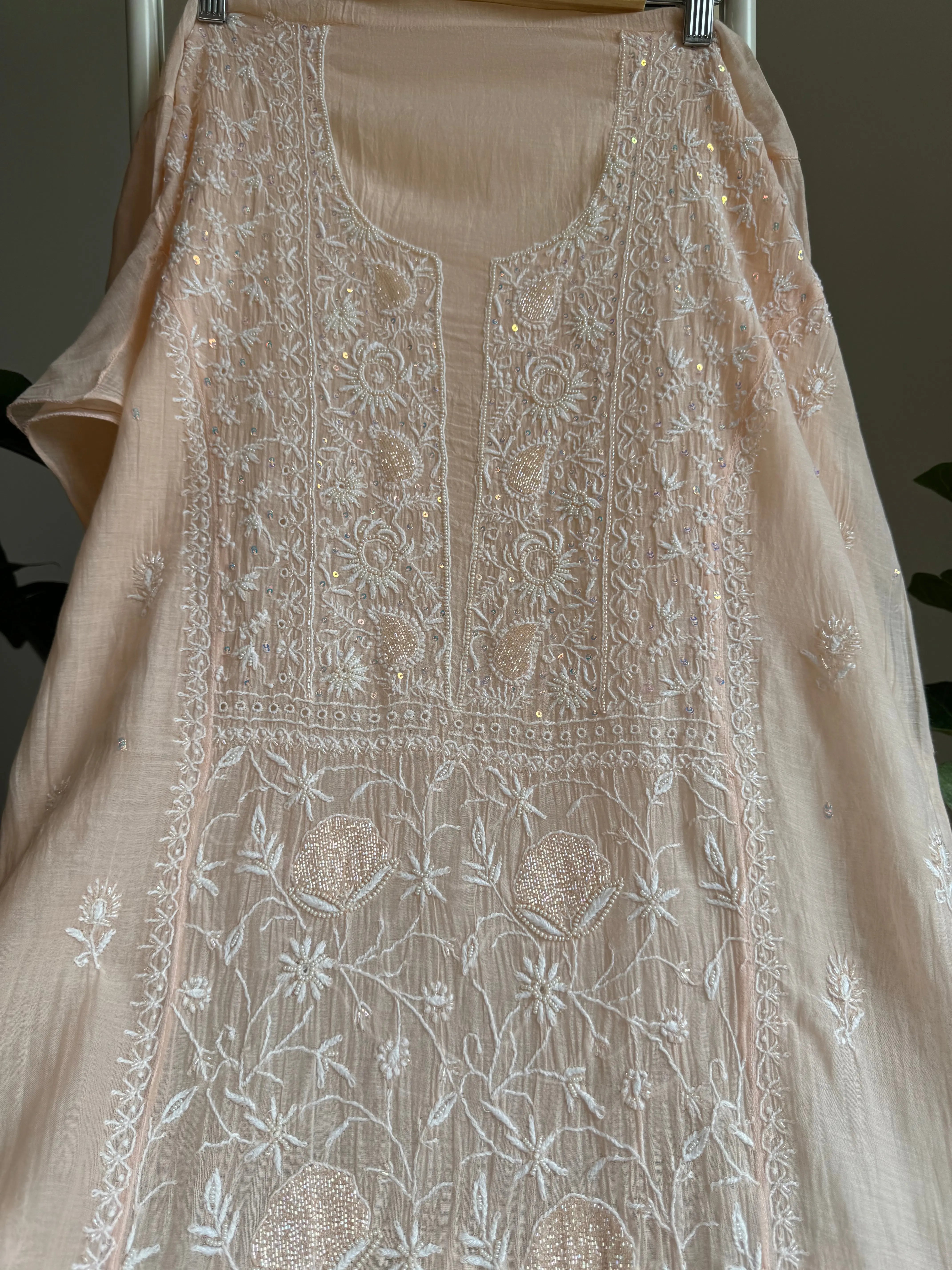 Mul Chanderi Straight Tunic - Peach ARIAA CHIKANKARI 