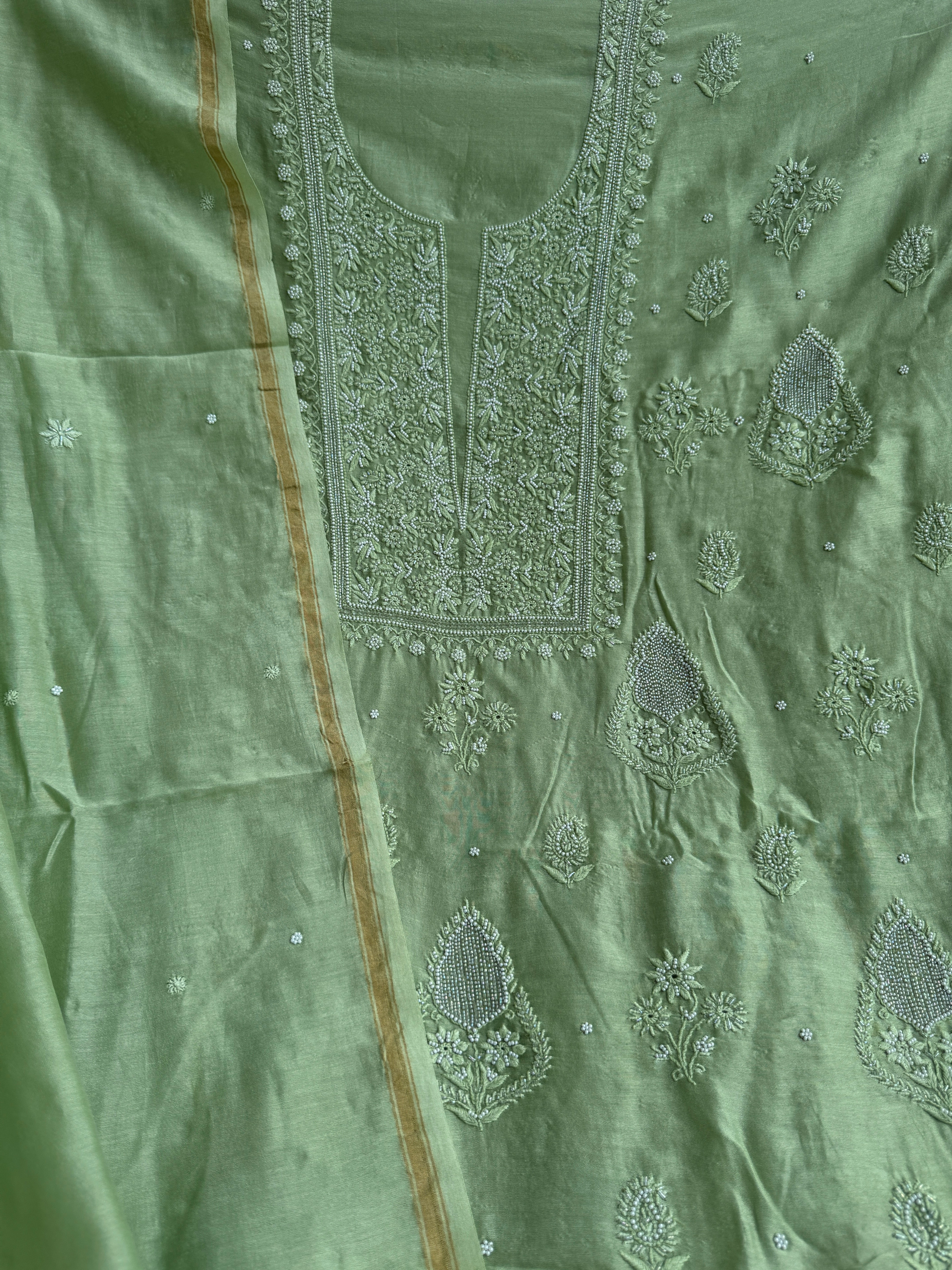 Chanderi Chikankari Length with Dupatta - Green