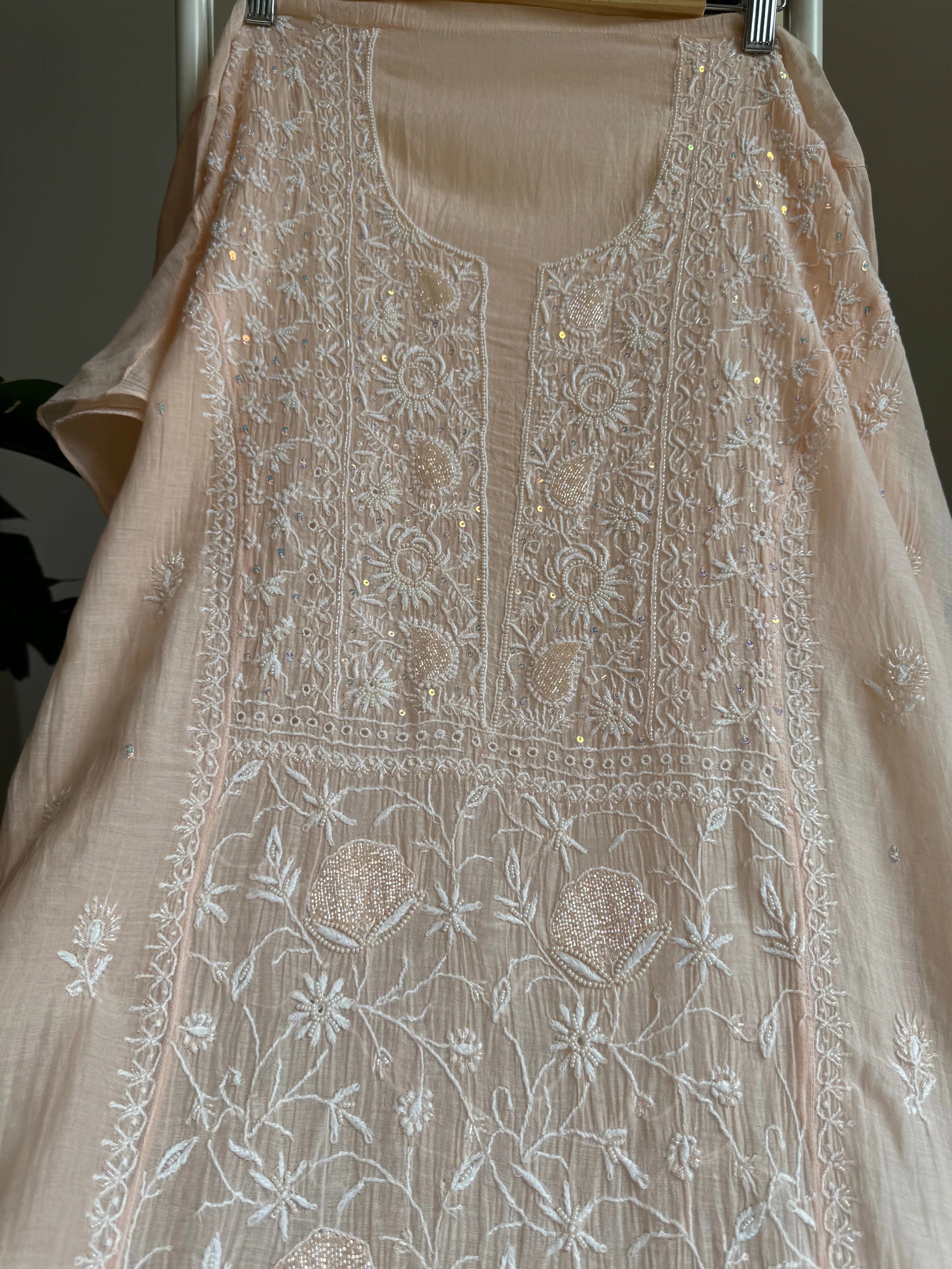 Mul Chanderi Straight Tunic - Peach ARIAA CHIKANKARI 