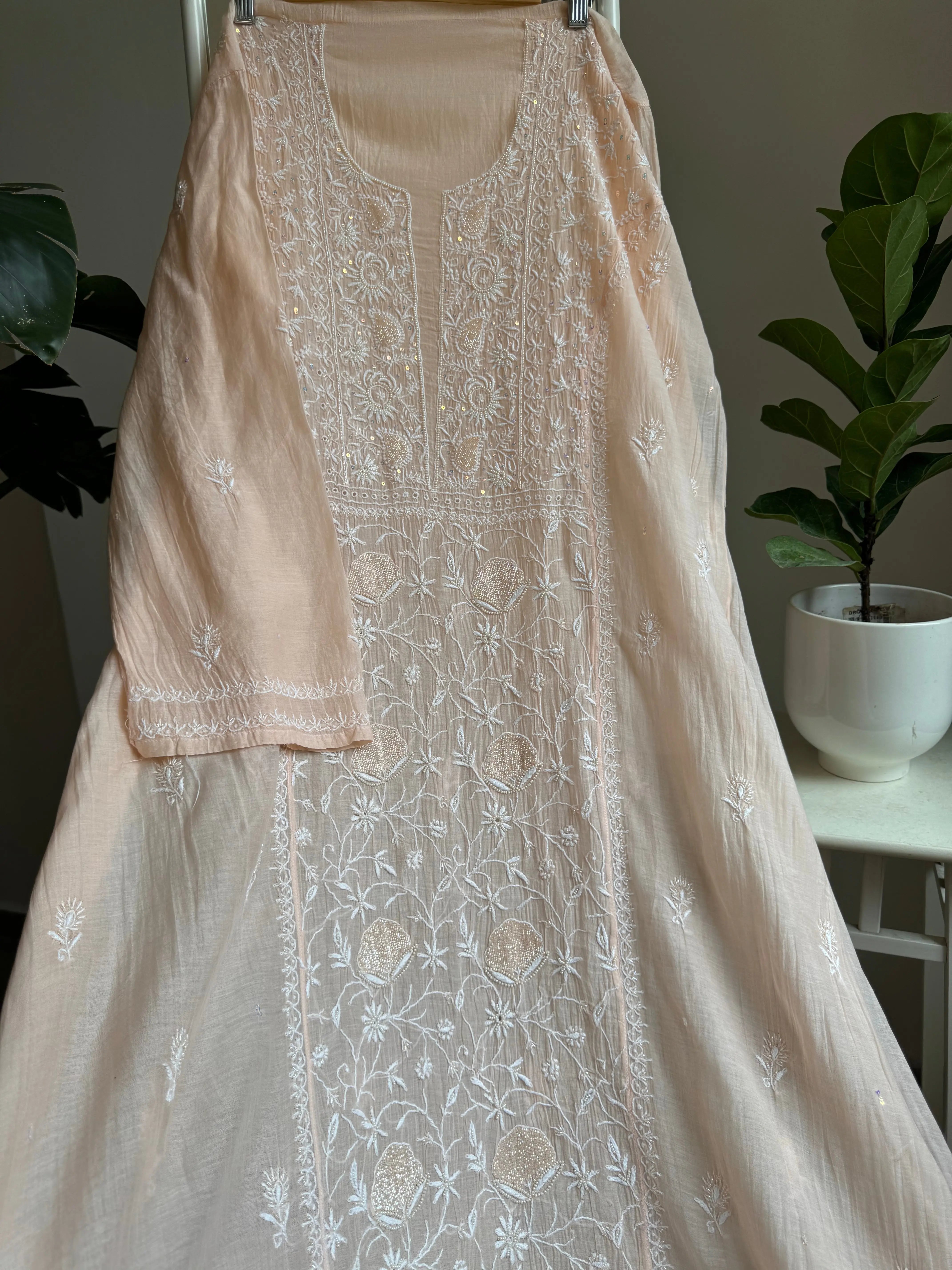 Mul Chanderi Straight Tunic - Peach ARIAA CHIKANKARI 