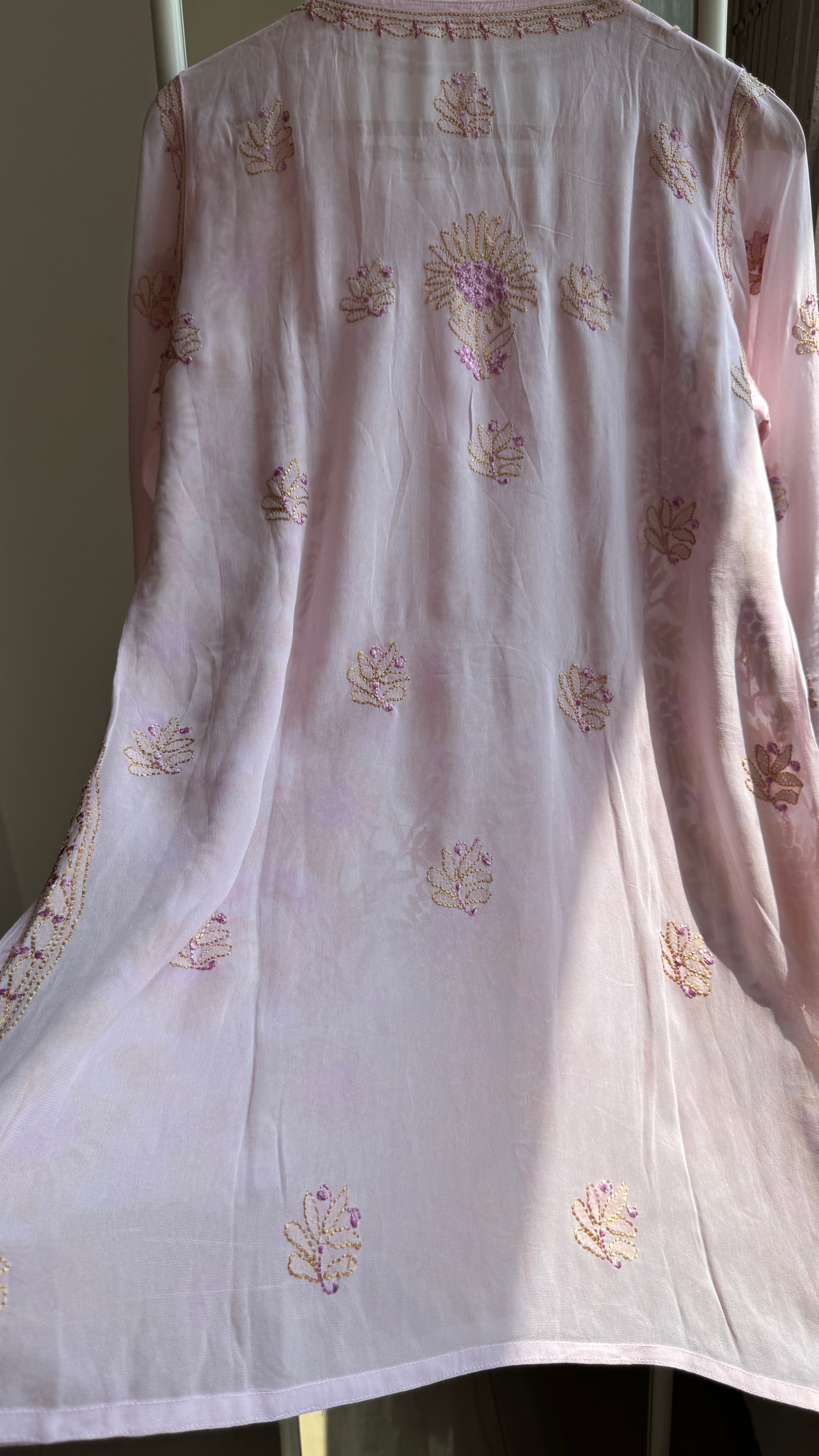 Chikankari Viscose Georgette short Top in Pink Multi Thread