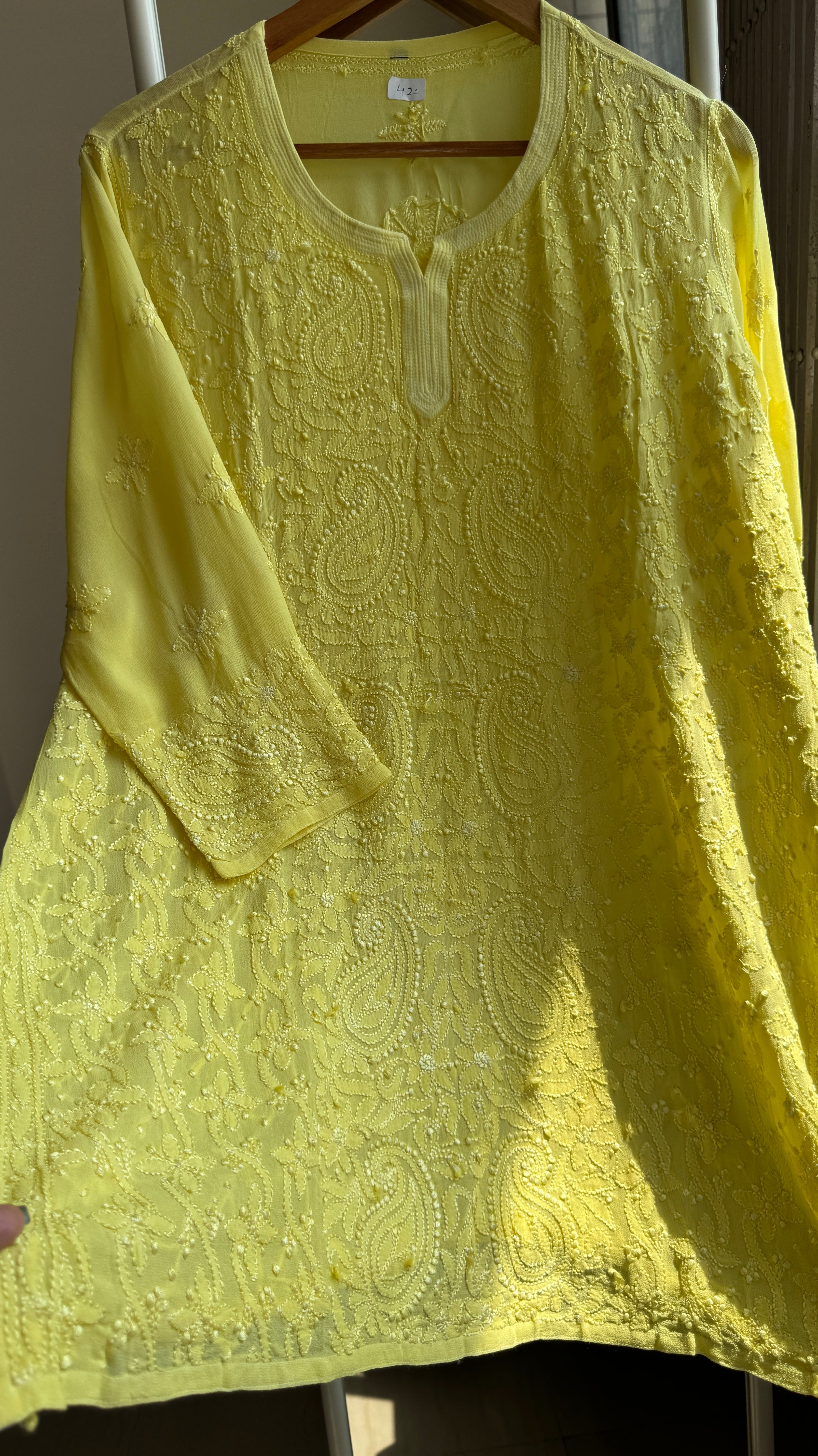Chikankari Viscose Georgette short Top in canary Yellow