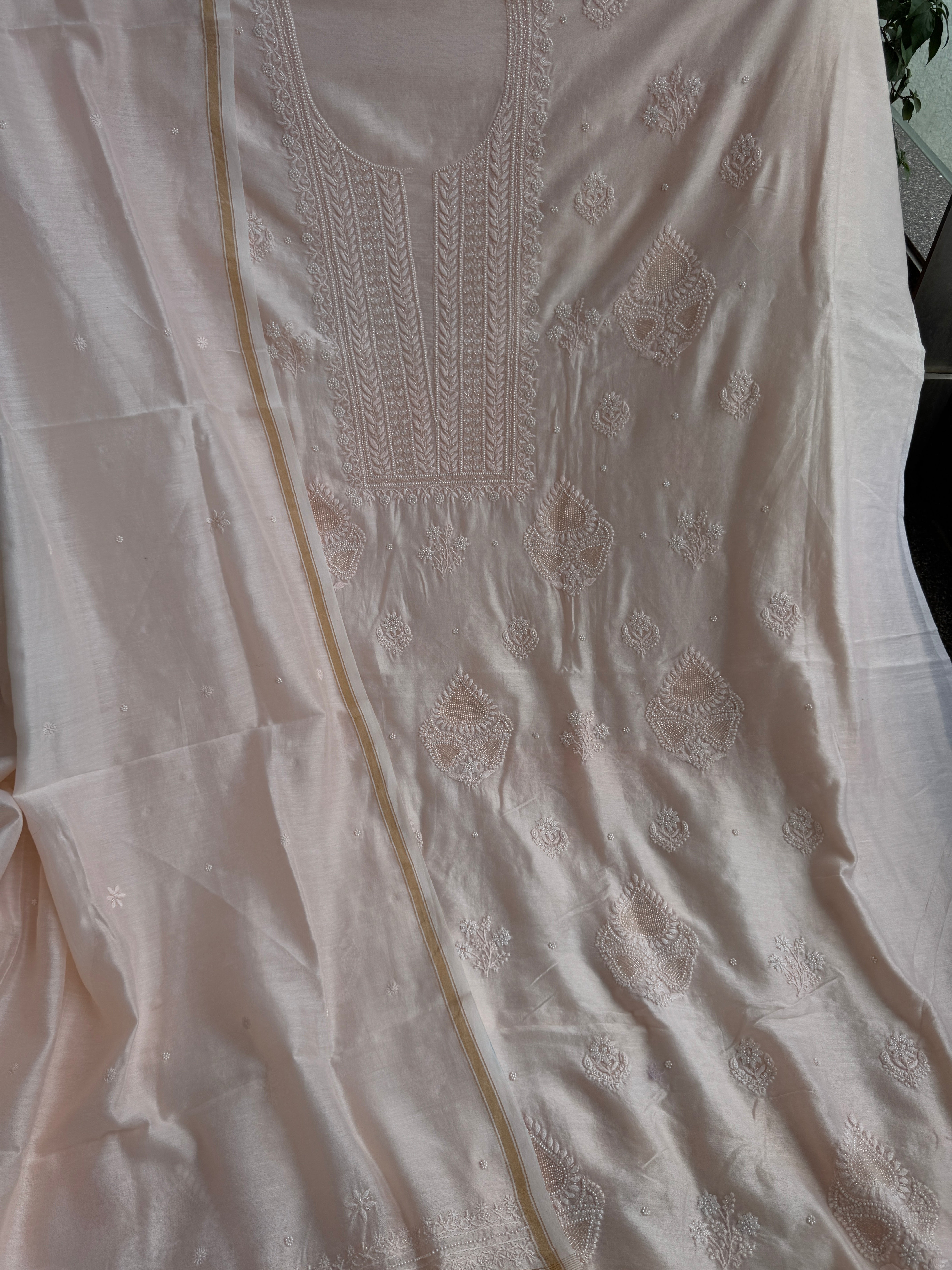Chanderi Chikankari Length with Dupatta - Peach