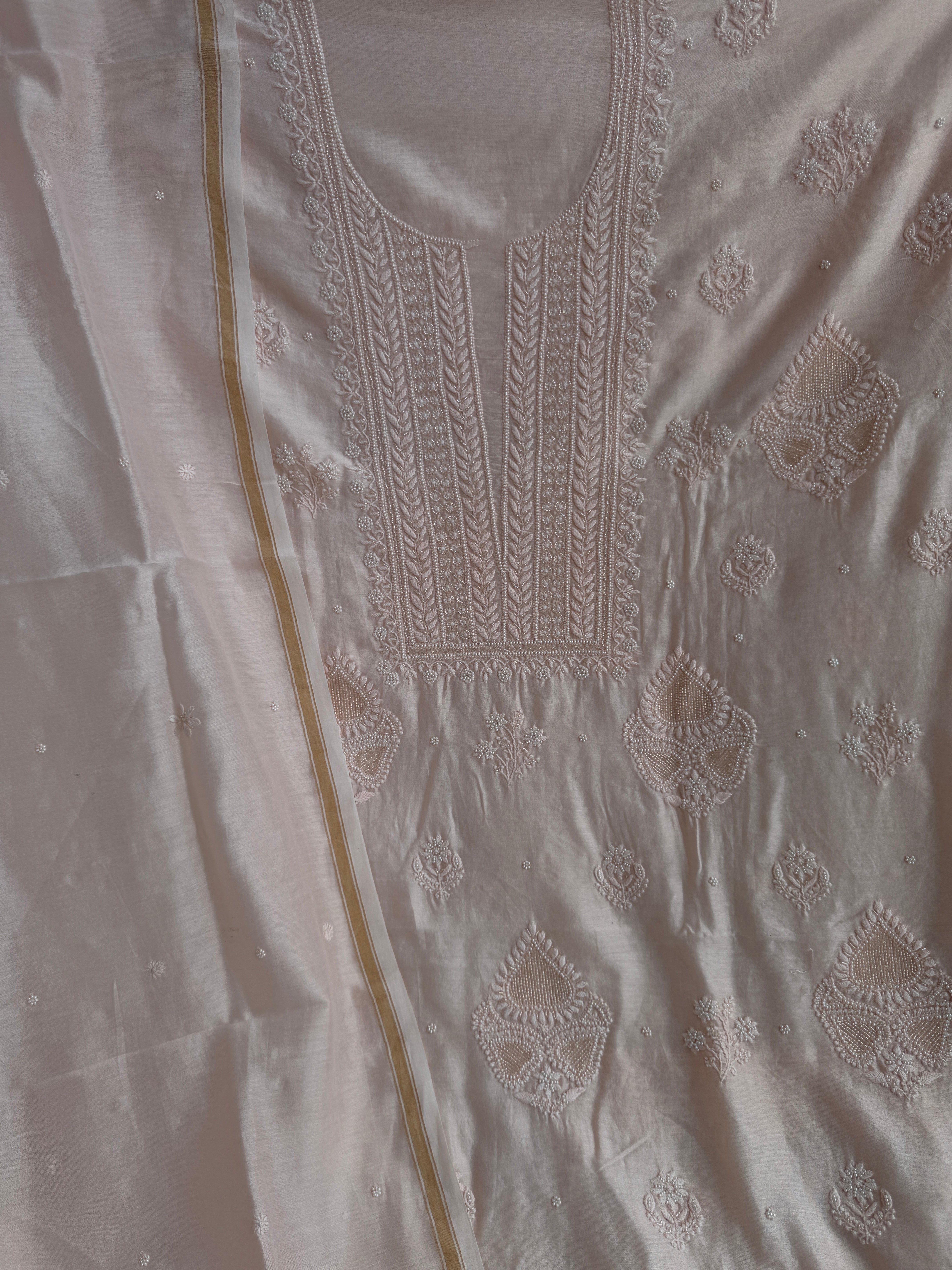 Chanderi Chikankari Length with Dupatta - Peach