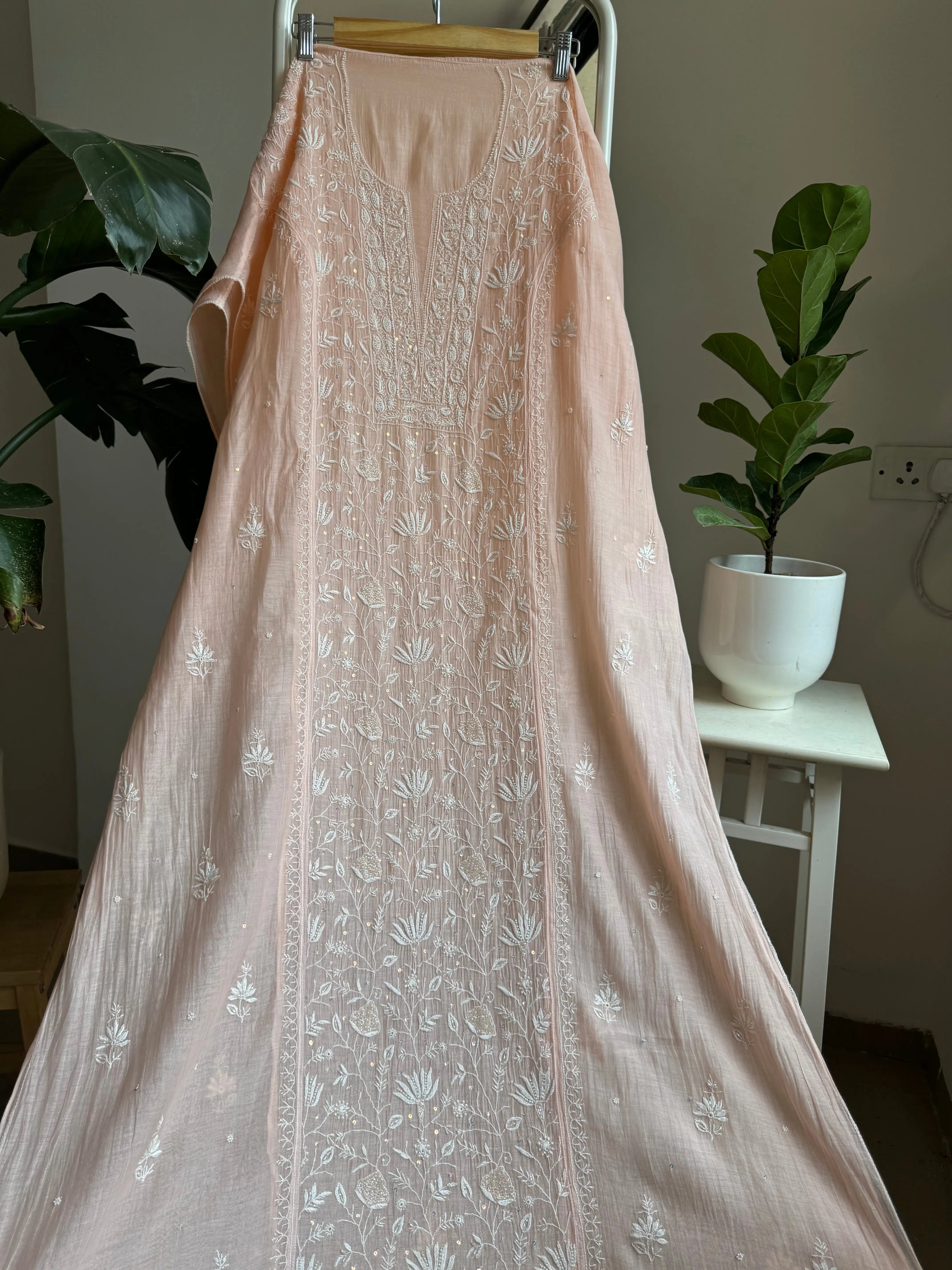 Mul Chanderi Straight Tunic - Peach ARIAA CHIKANKARI 