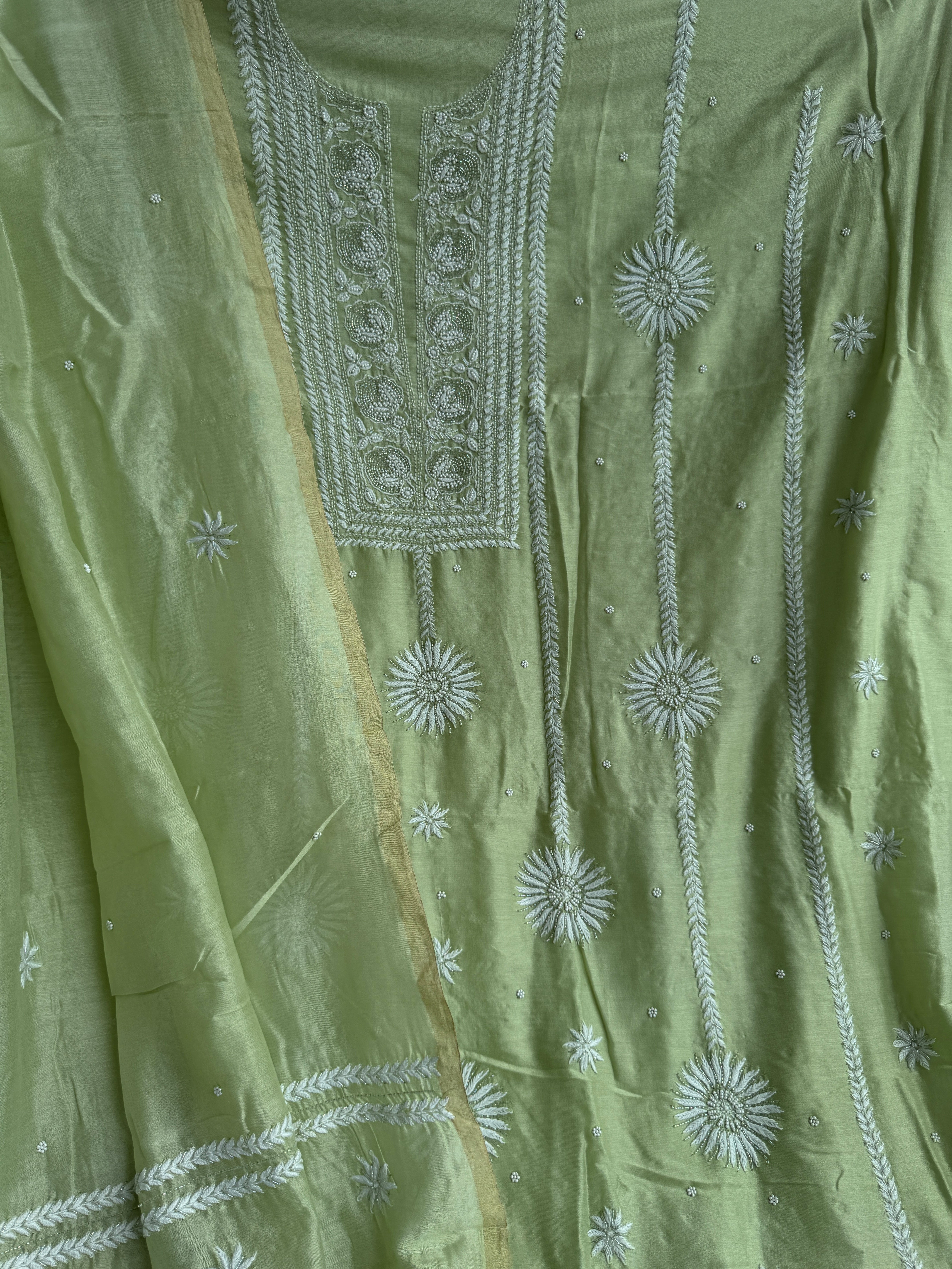 Chanderi Chikankari Length with Dupatta - Green