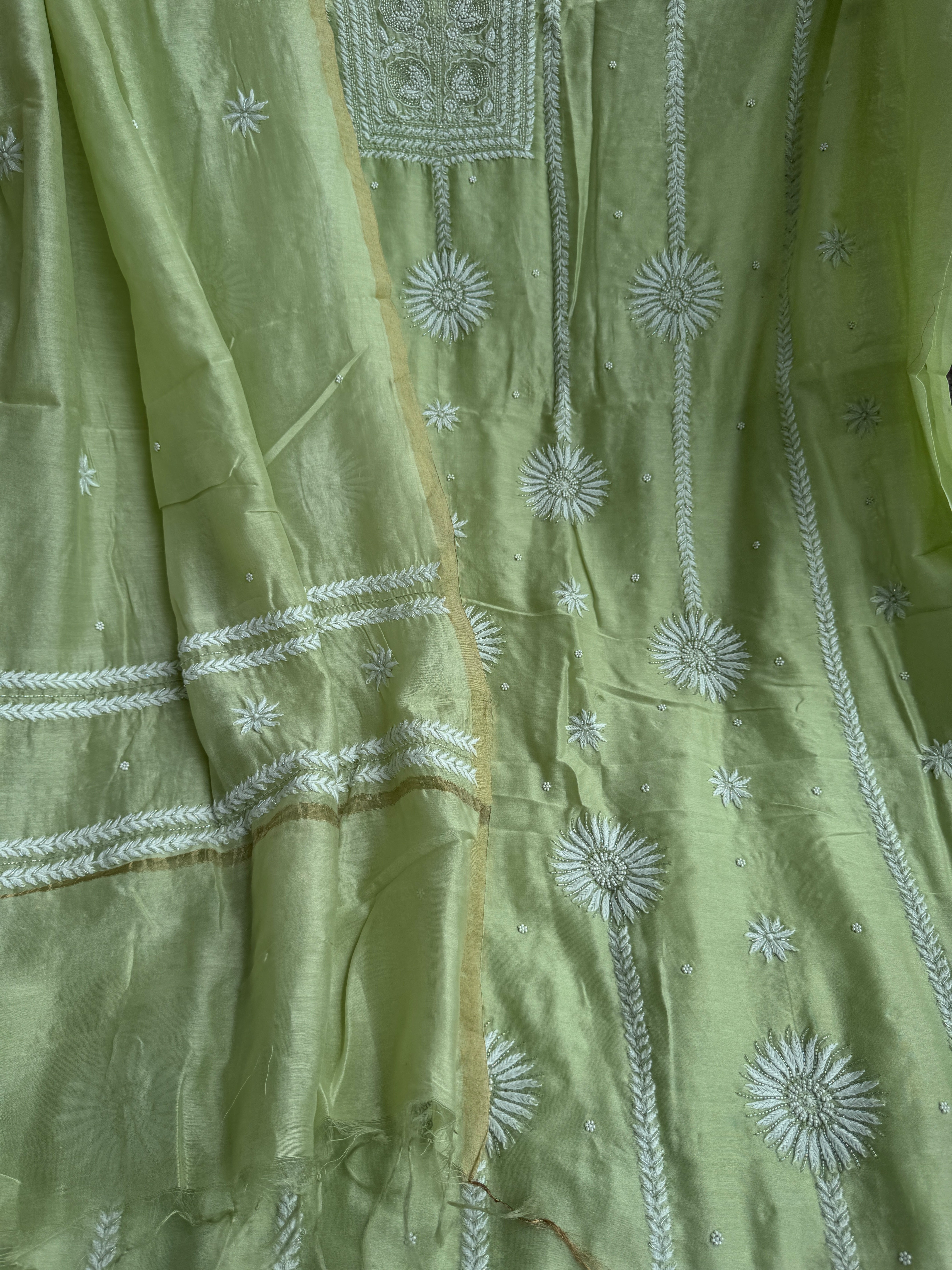 Chanderi Chikankari Length with Dupatta - Green
