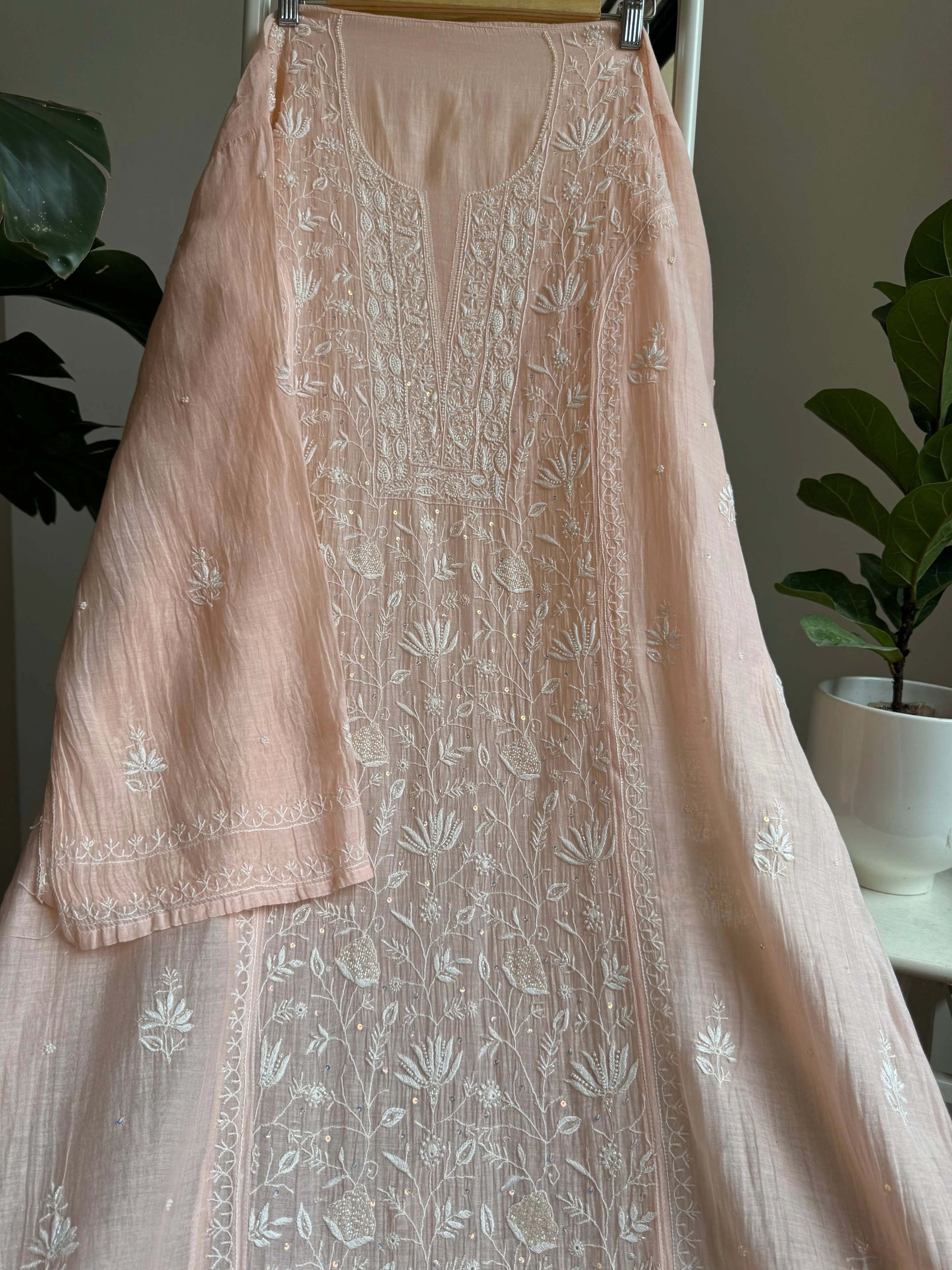 Mul Chanderi Straight Tunic - Peach ARIAA CHIKANKARI 