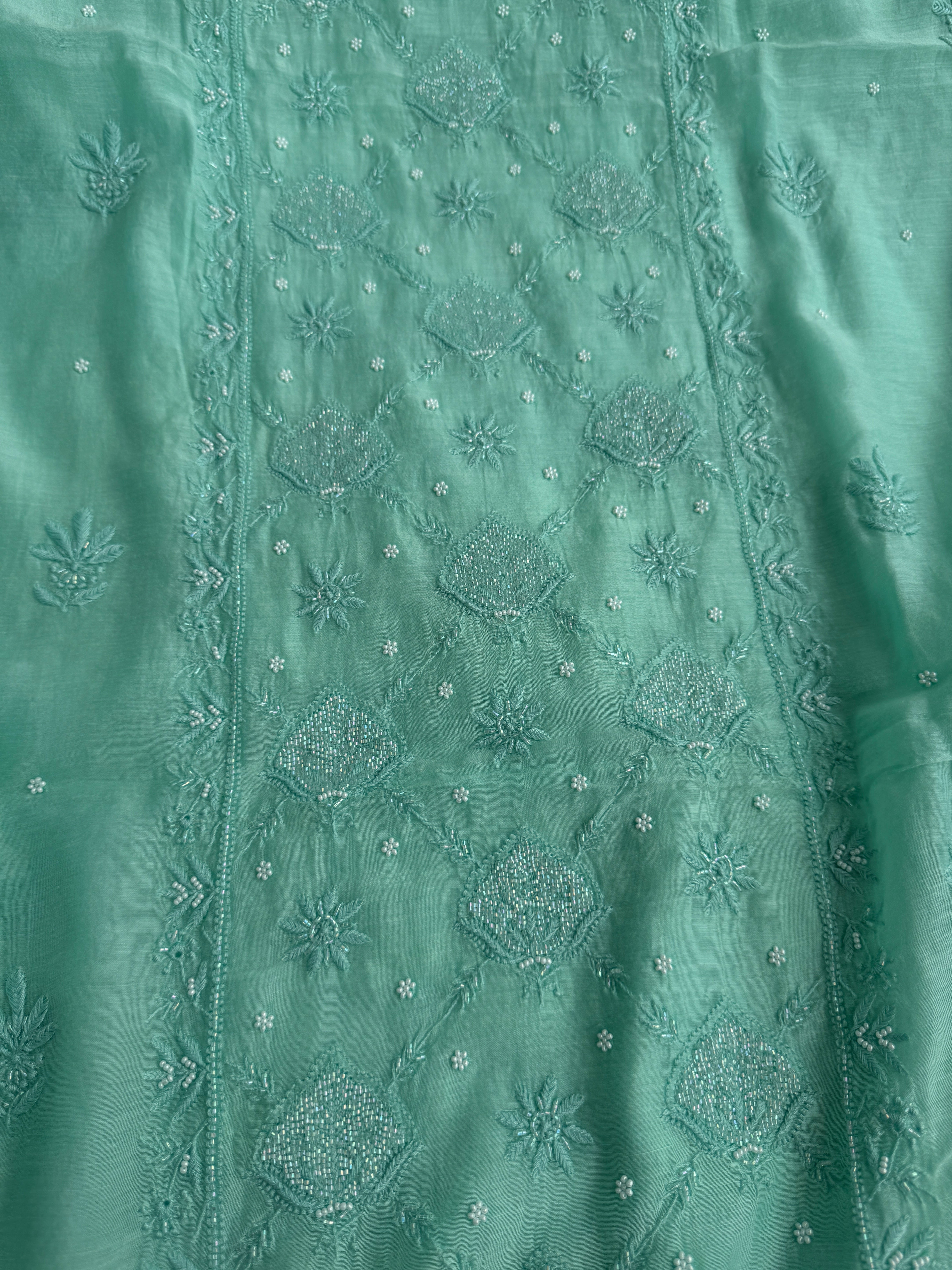 Mul Chanderi Chikankari Unstitched Length with Dupatta - Green ARIAA CHIKANKARI 