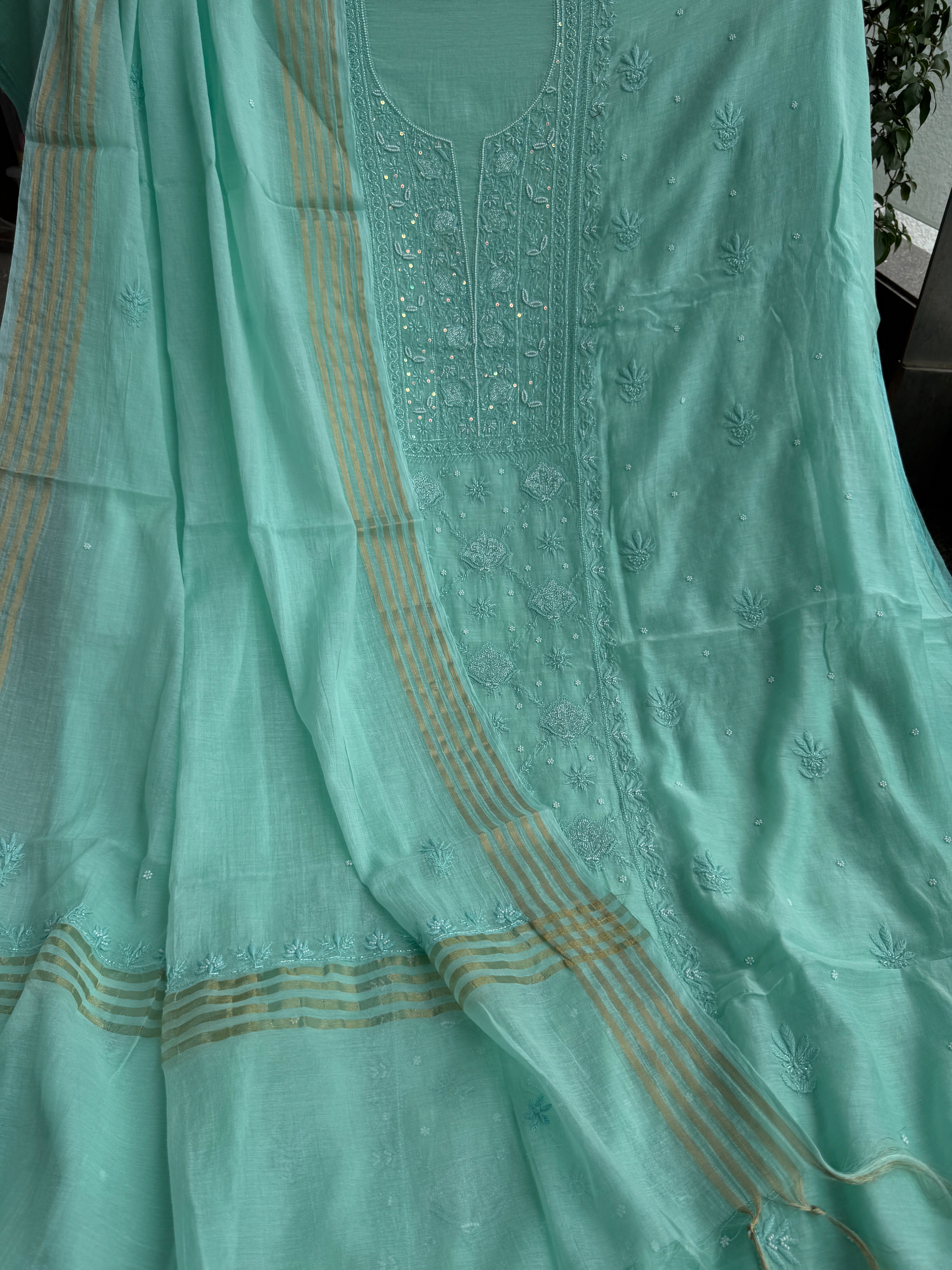 Mul Chanderi Chikankari Unstitched Length with Dupatta - Green