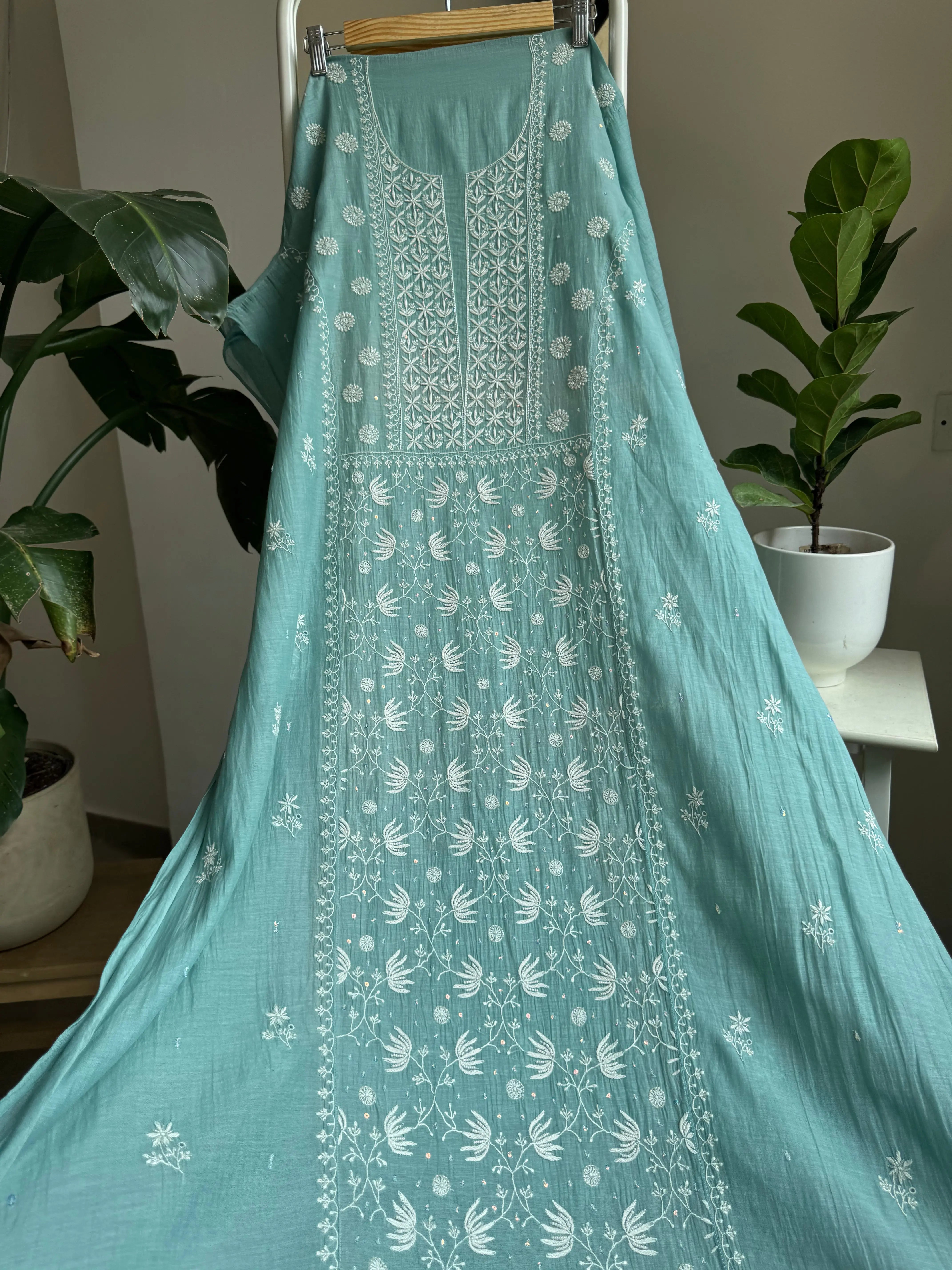 Mul Chanderi Straight Tunic - Tiffany Blue ARIAA CHIKANKARI 