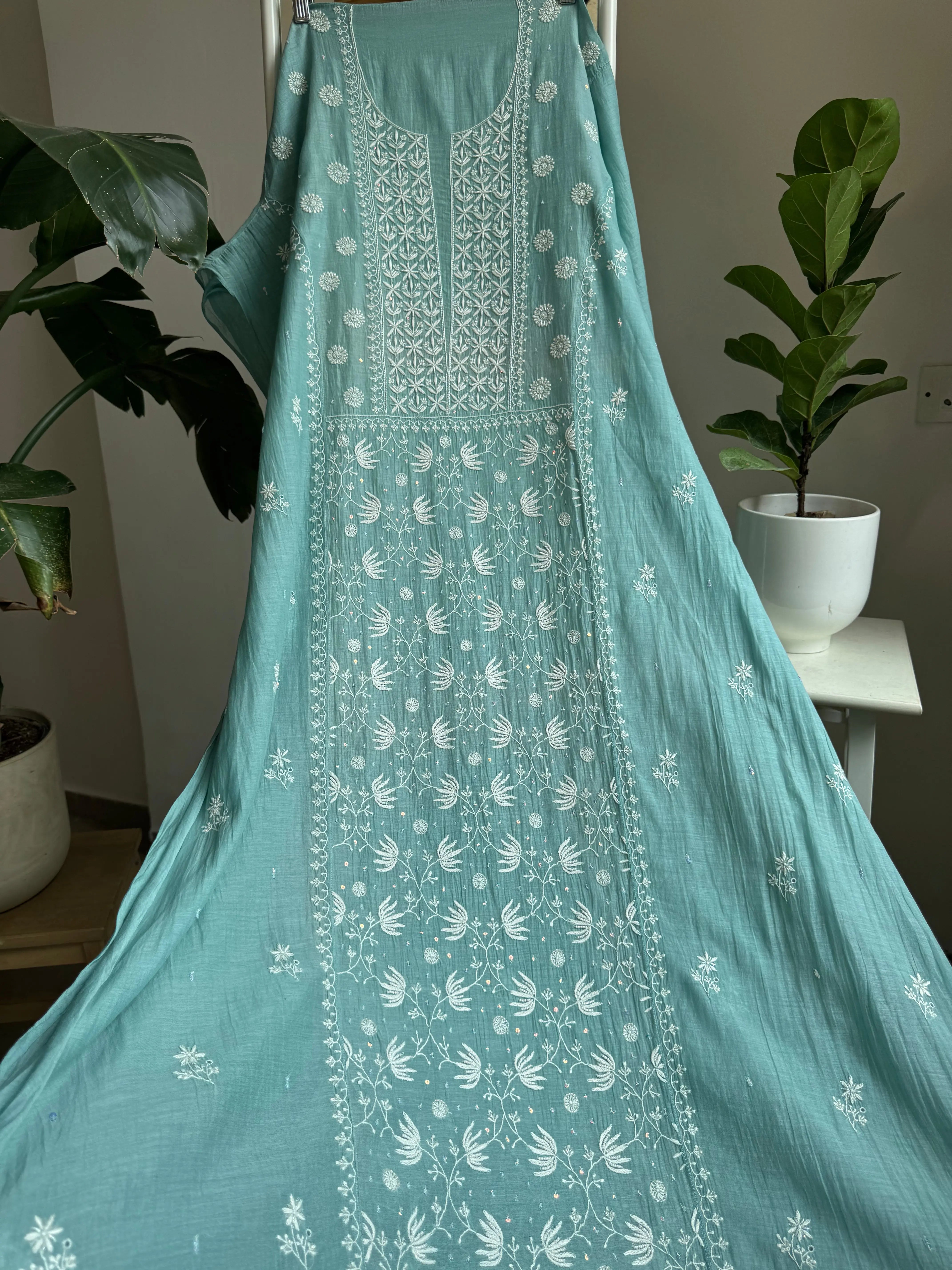 Mul Chanderi Straight Tunic - Tiffany Blue ARIAA CHIKANKARI 