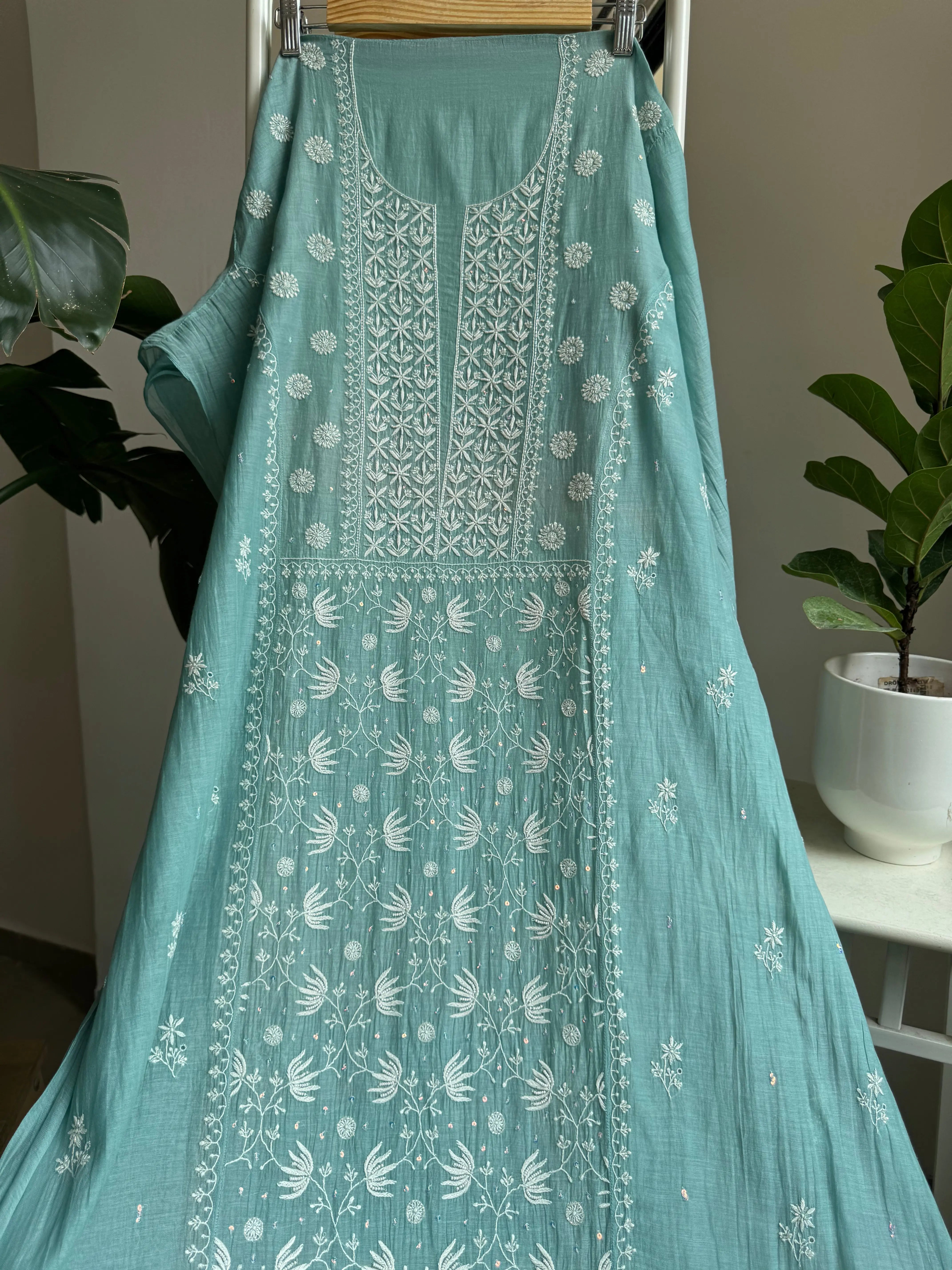 Mul Chanderi Straight Tunic - Tiffany Blue ARIAA CHIKANKARI 