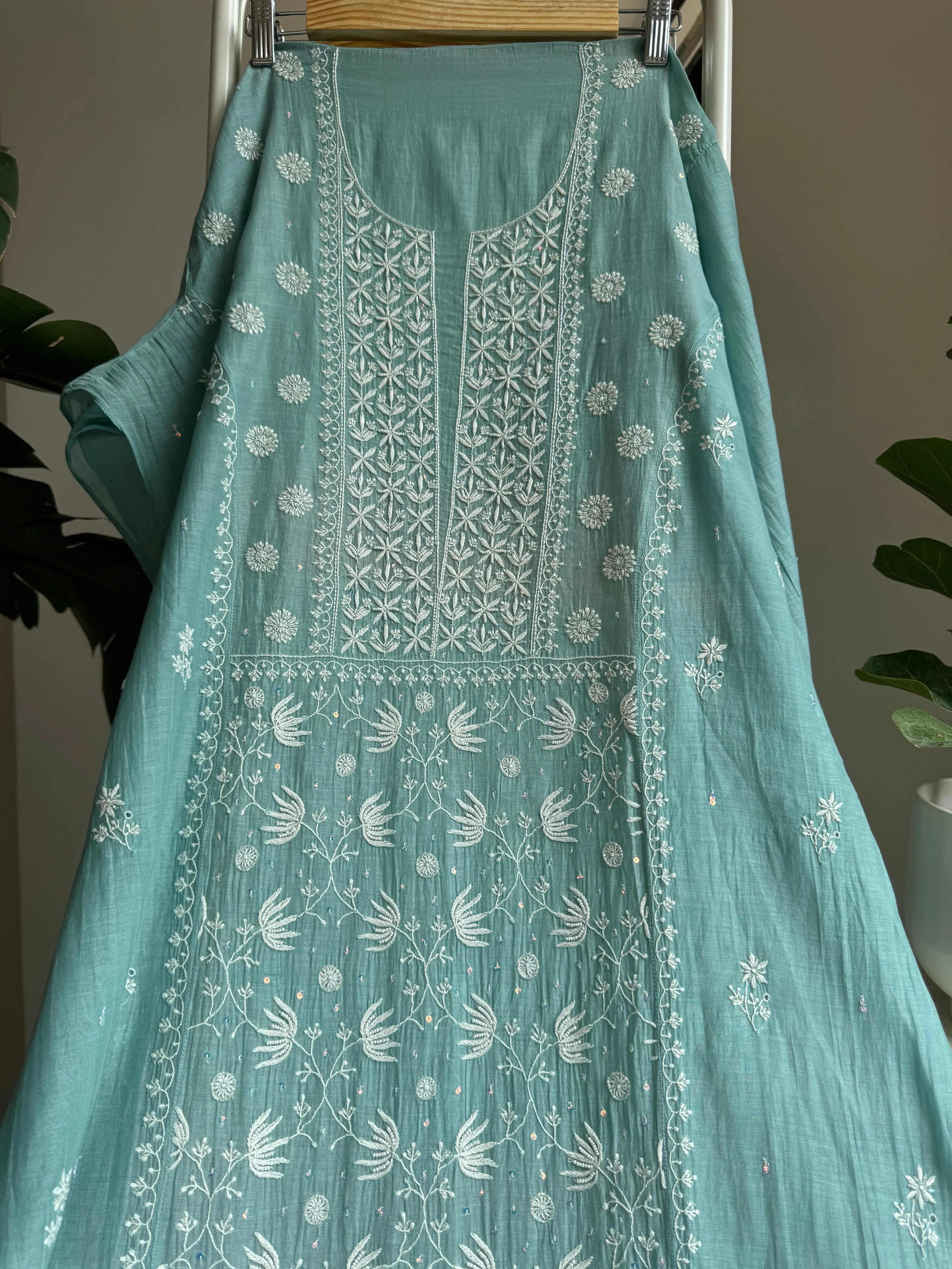 Mul Chanderi Straight Tunic - Tiffany Blue ARIAA CHIKANKARI 