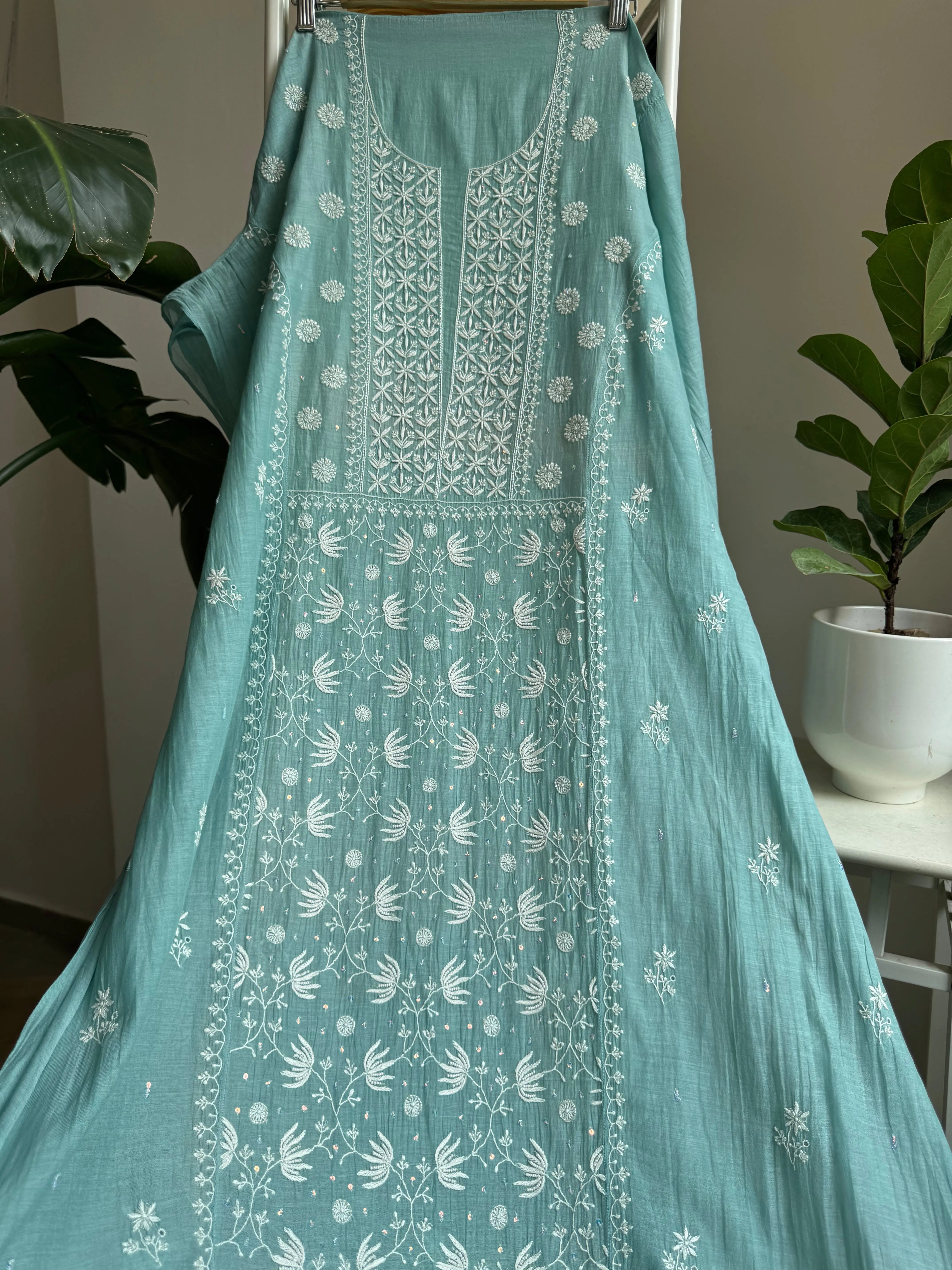 Mul Chanderi Straight Tunic - Tiffany Blue ARIAA CHIKANKARI 