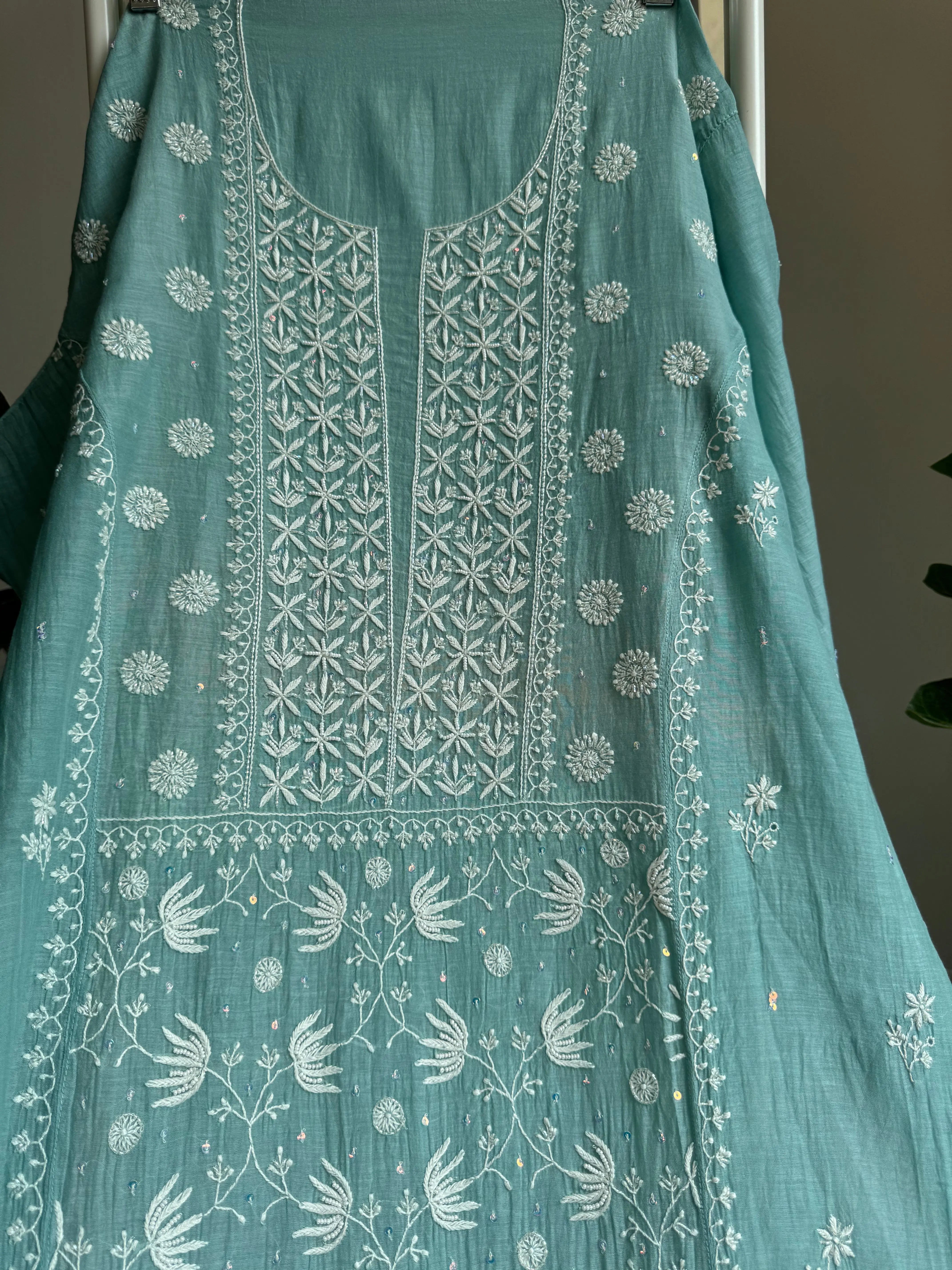 Mul Chanderi Straight Tunic - Tiffany Blue ARIAA CHIKANKARI 