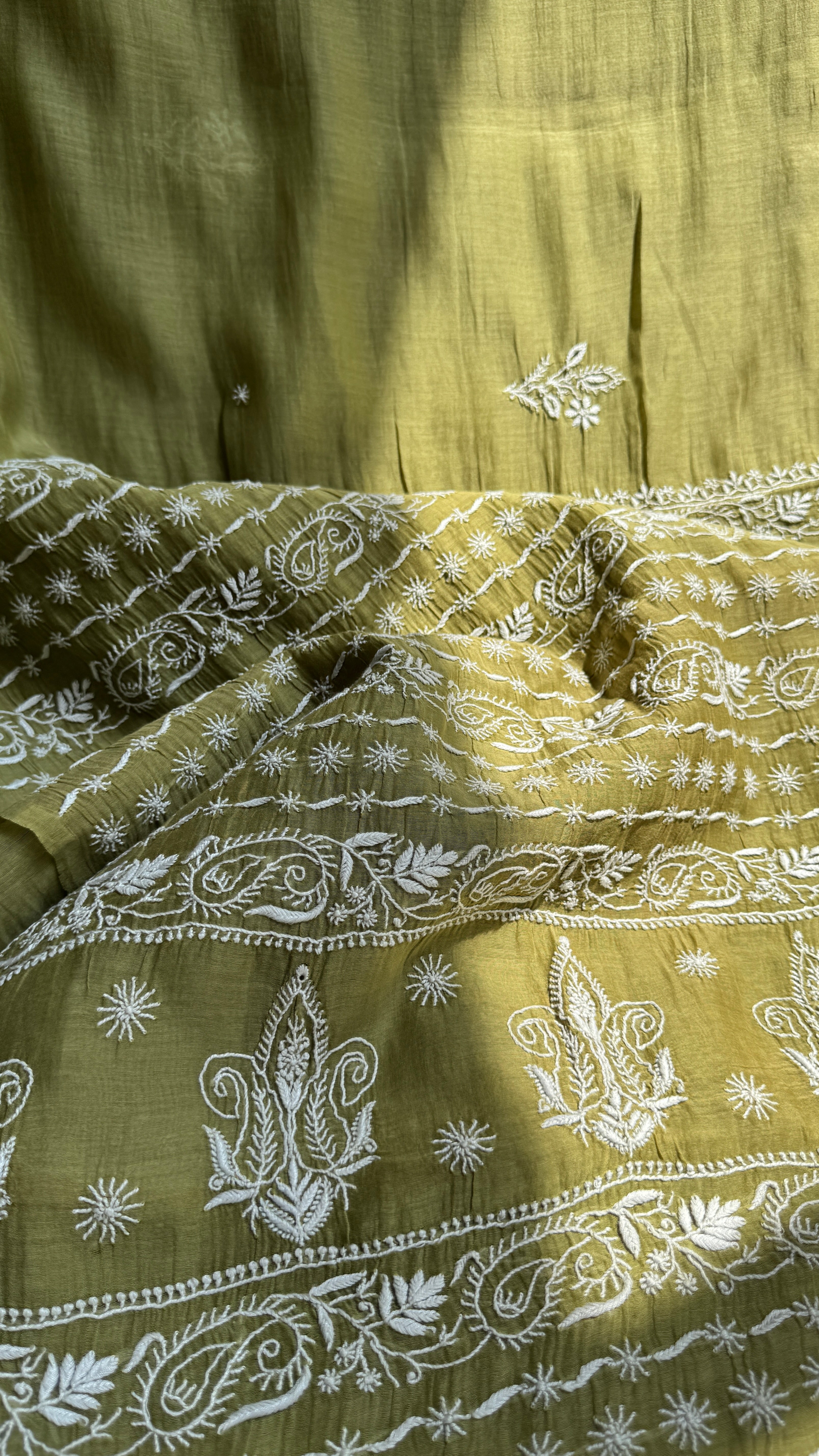 Pure Mul Chanderi Chikankari saree in Mehandi Green