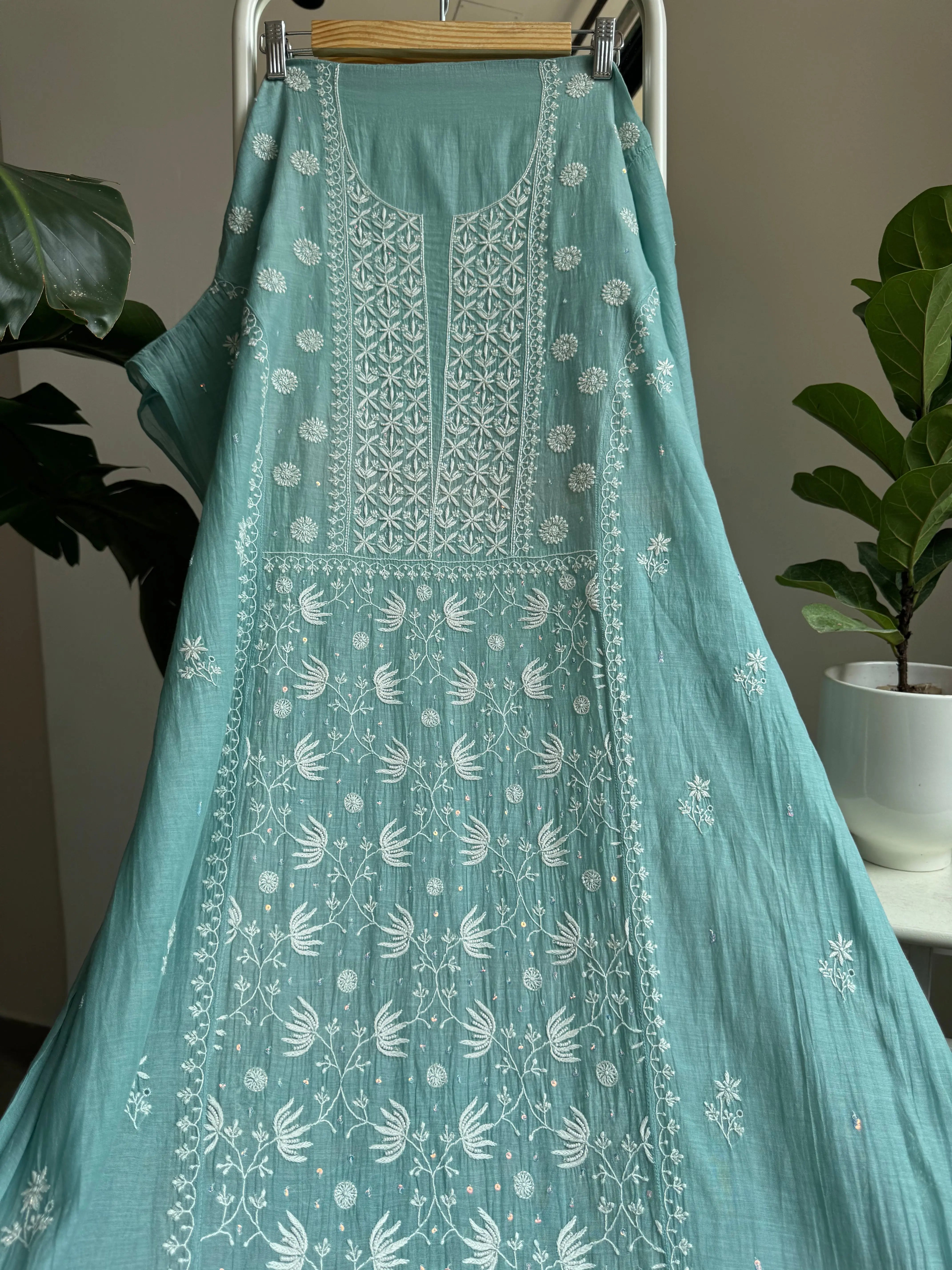 Mul Chanderi Straight Tunic - Tiffany Blue ARIAA CHIKANKARI 