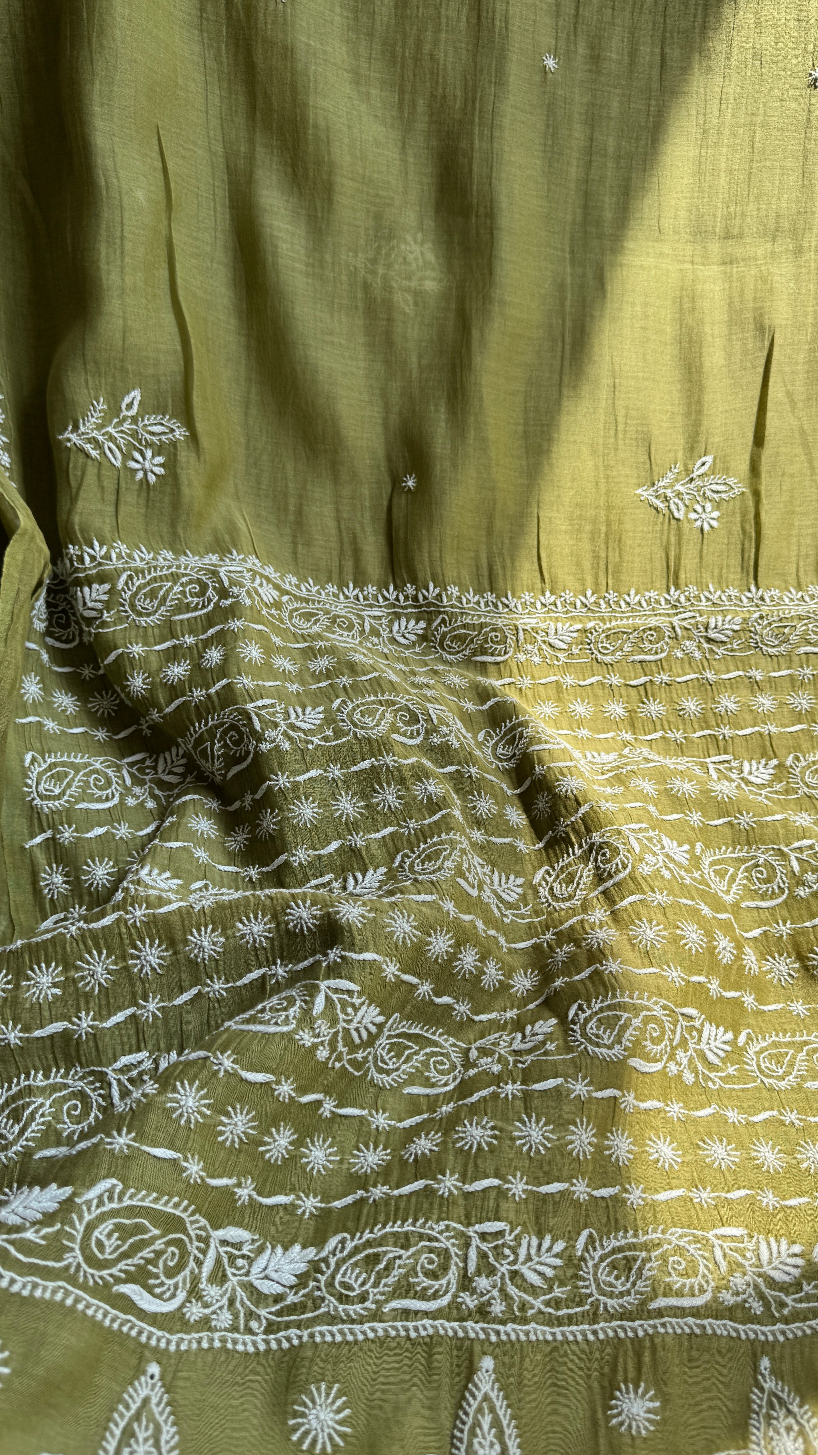 Pure Mul Chanderi Chikankari saree in Mehandi Green