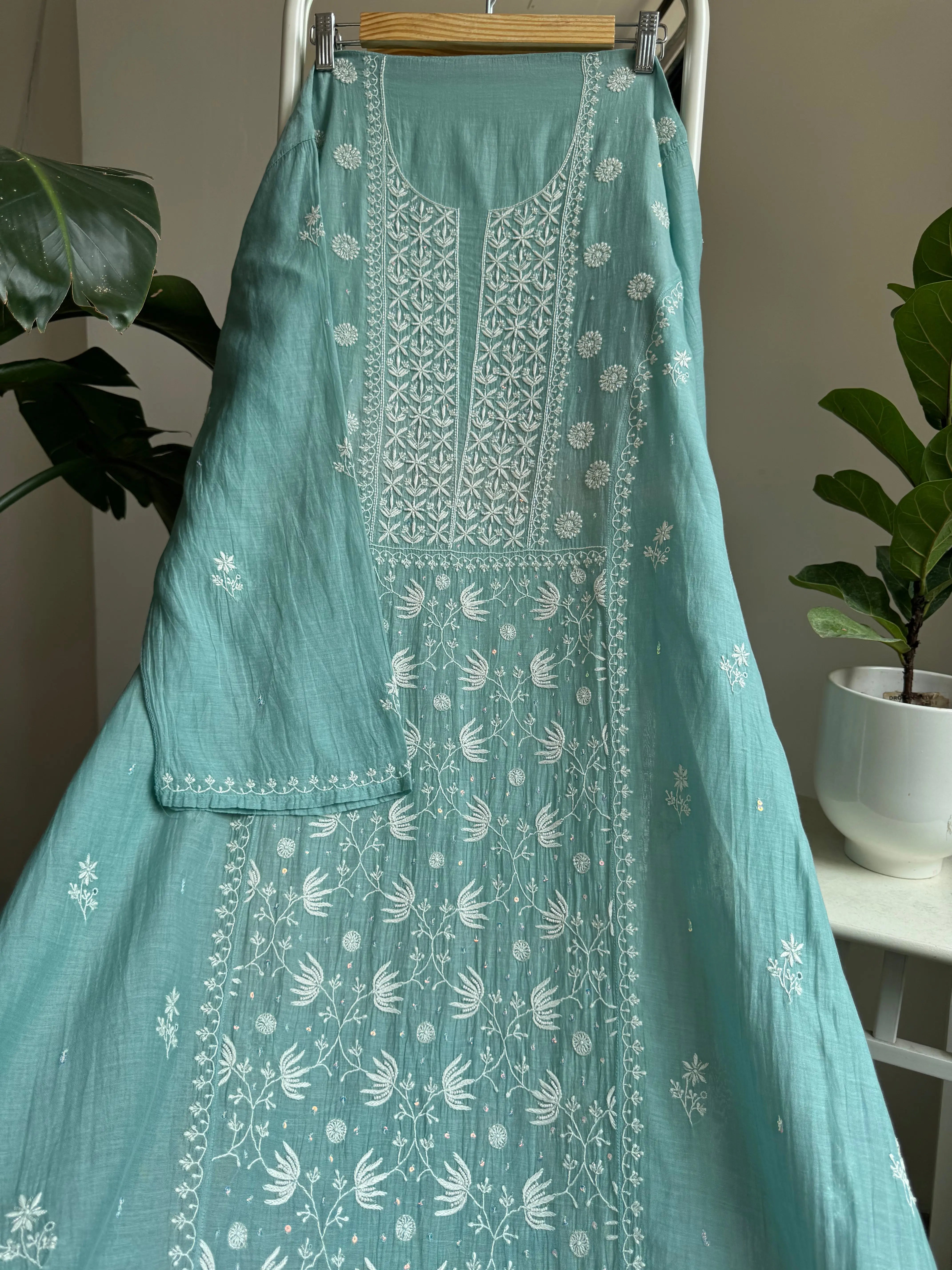 Mul Chanderi Straight Tunic - Tiffany Blue ARIAA CHIKANKARI 