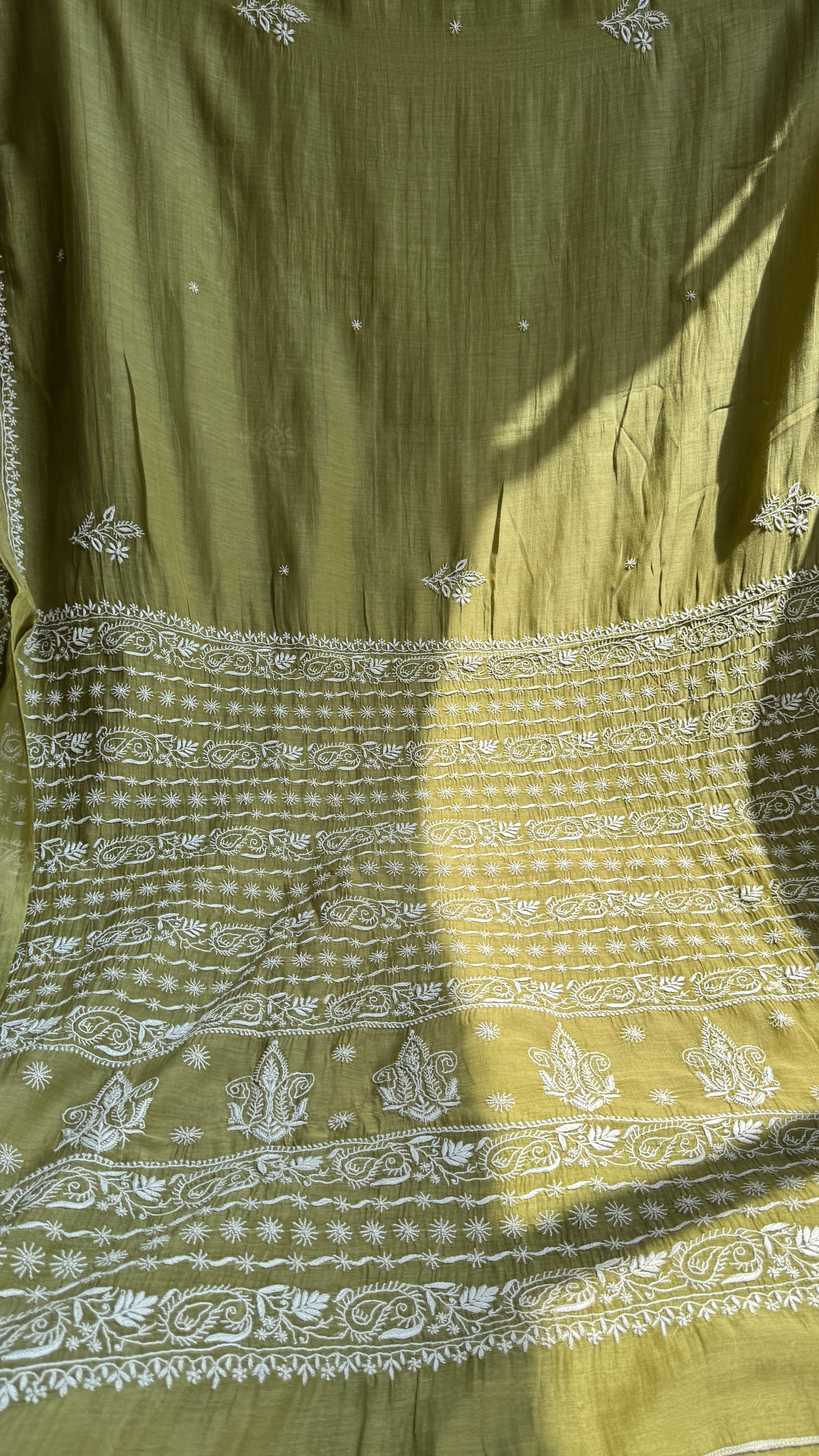 Pure Mul Chanderi Chikankari saree in Mehandi Green