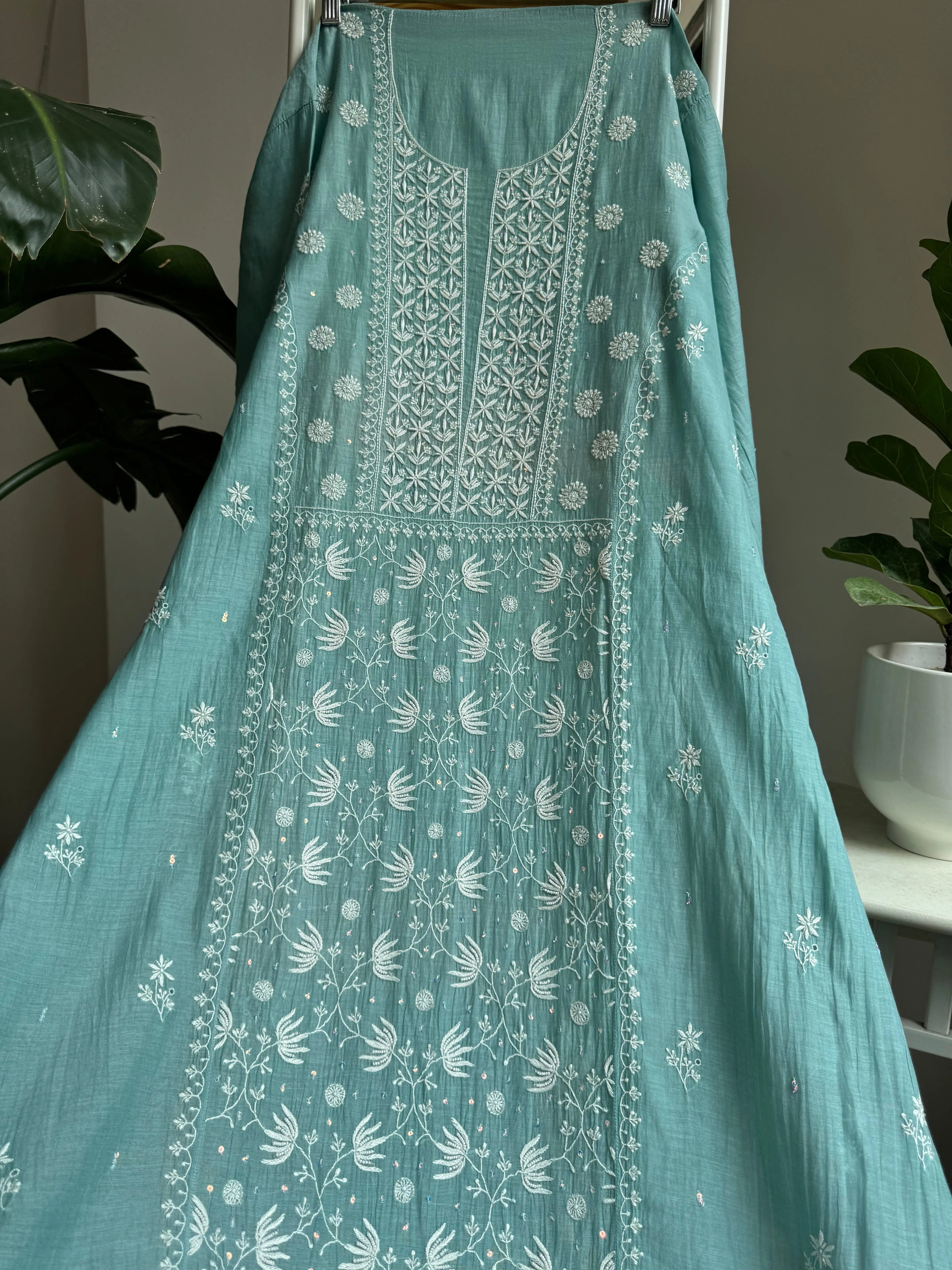 Mul Chanderi Straight Tunic - Tiffany Blue ARIAA CHIKANKARI 