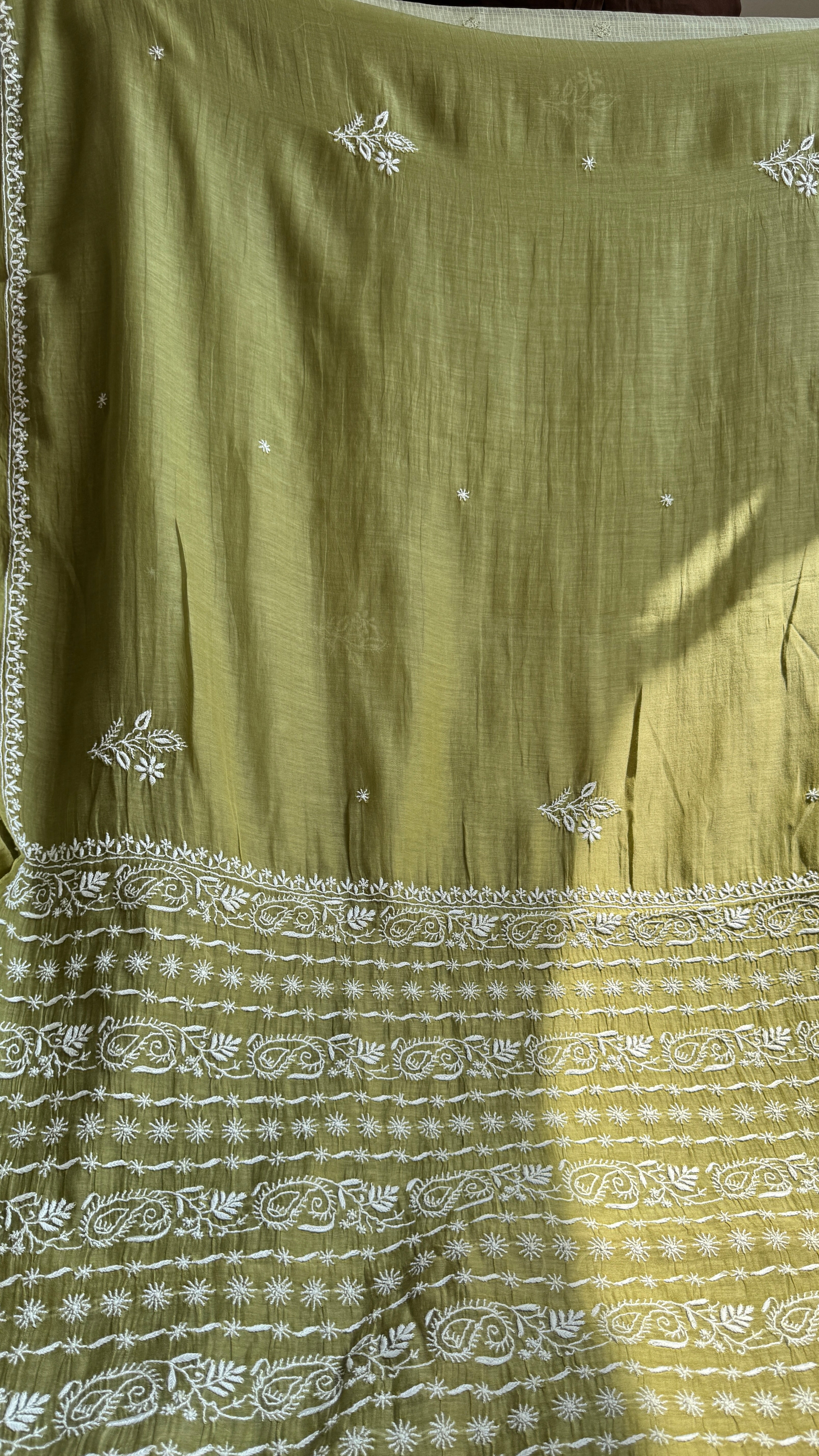 Pure Mul Chanderi Chikankari saree in Mehandi Green