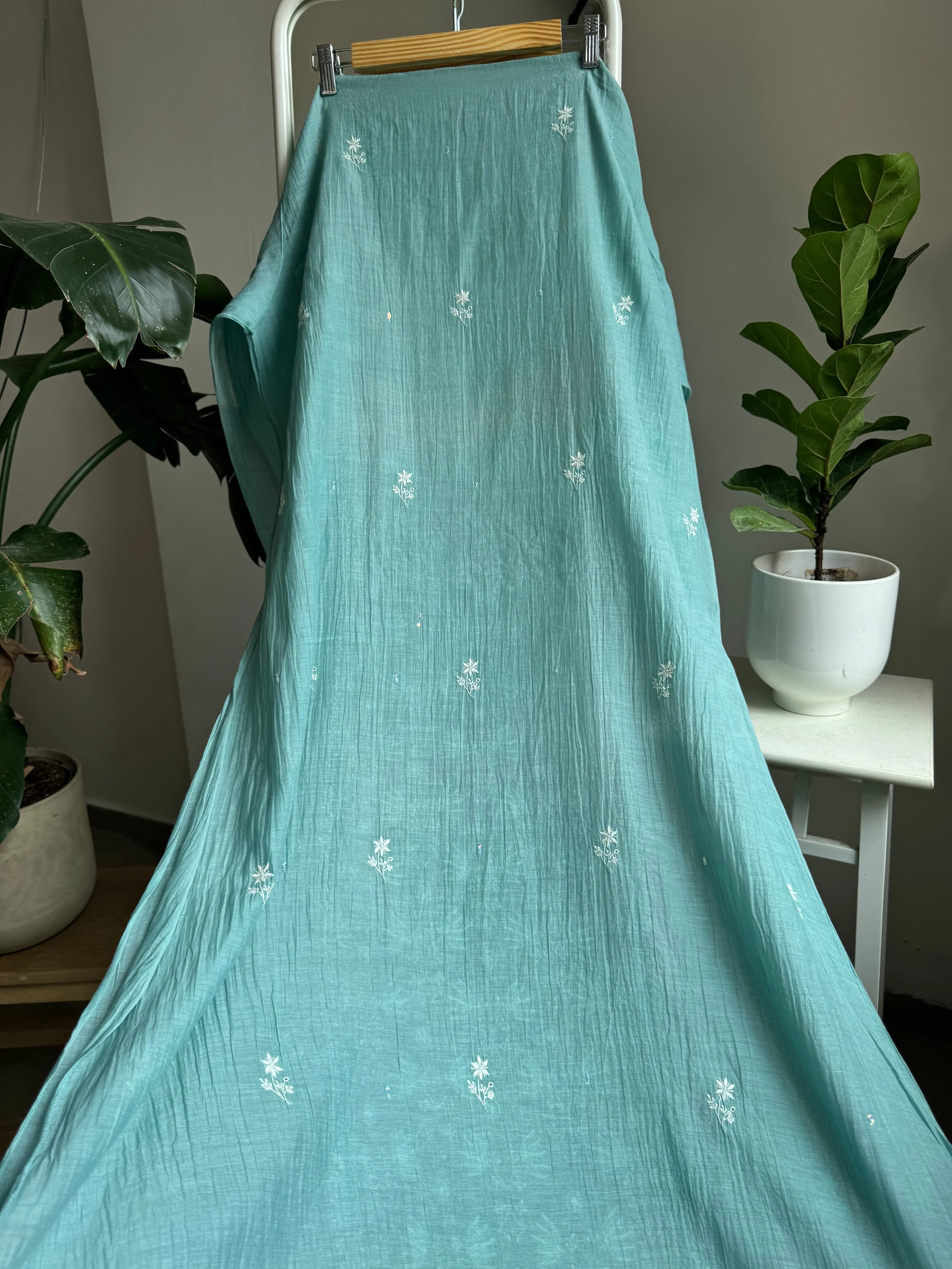 Mul Chanderi Straight Tunic - Tiffany Blue ARIAA CHIKANKARI 