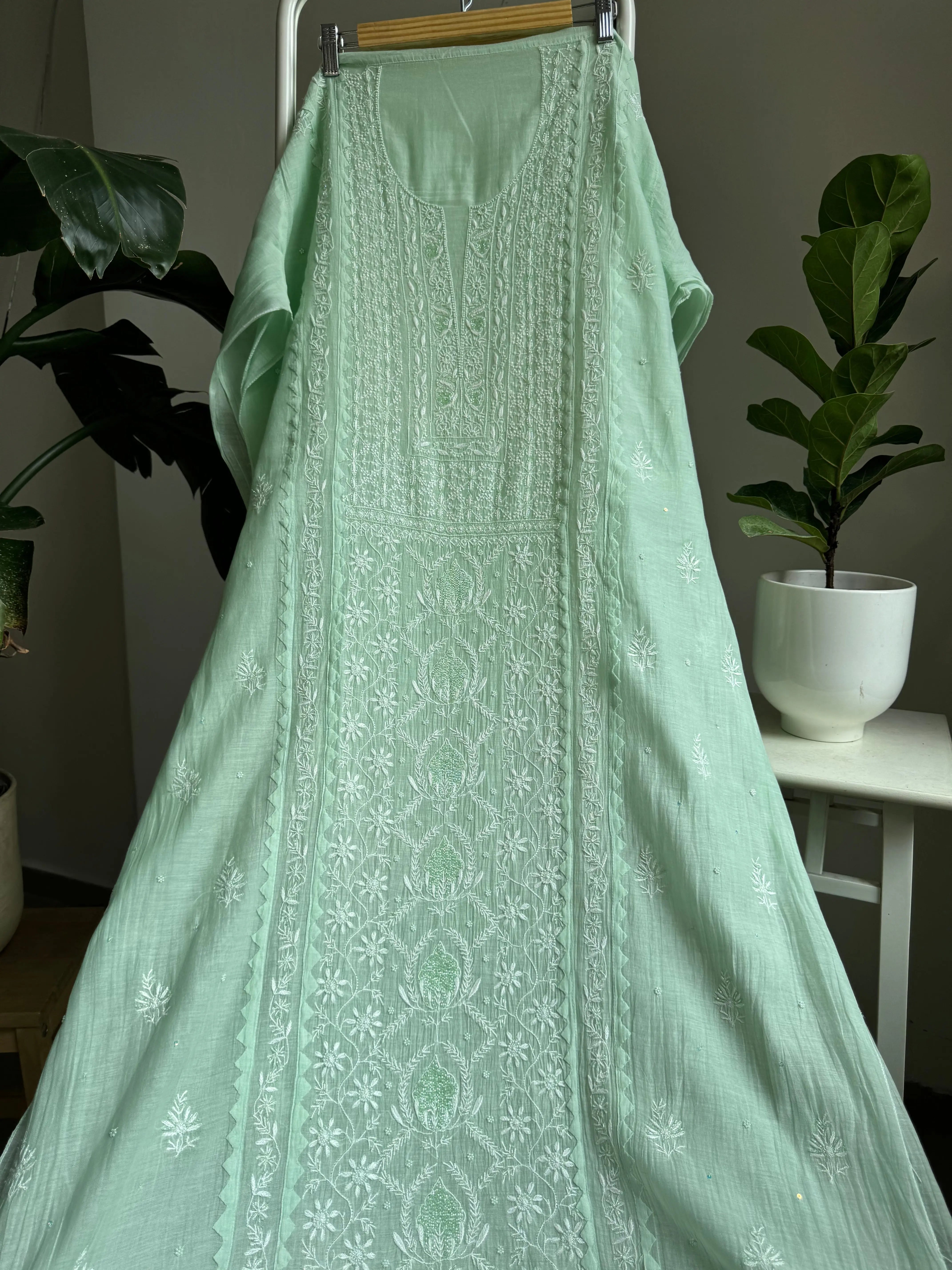 Mul Chanderi Straight Tunic - Green ARIAA CHIKANKARI 