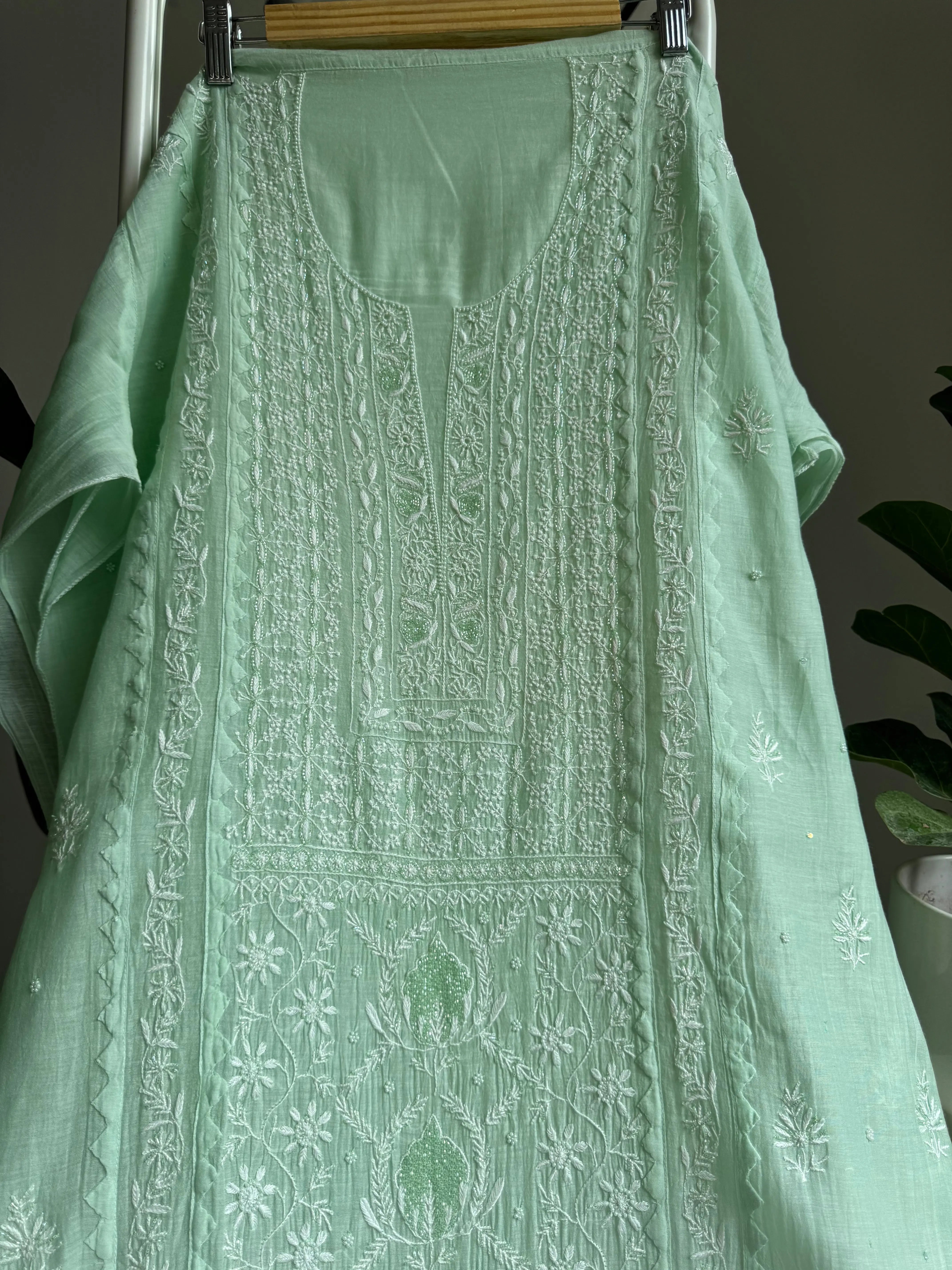 Mul Chanderi Straight Tunic - Green ARIAA CHIKANKARI 