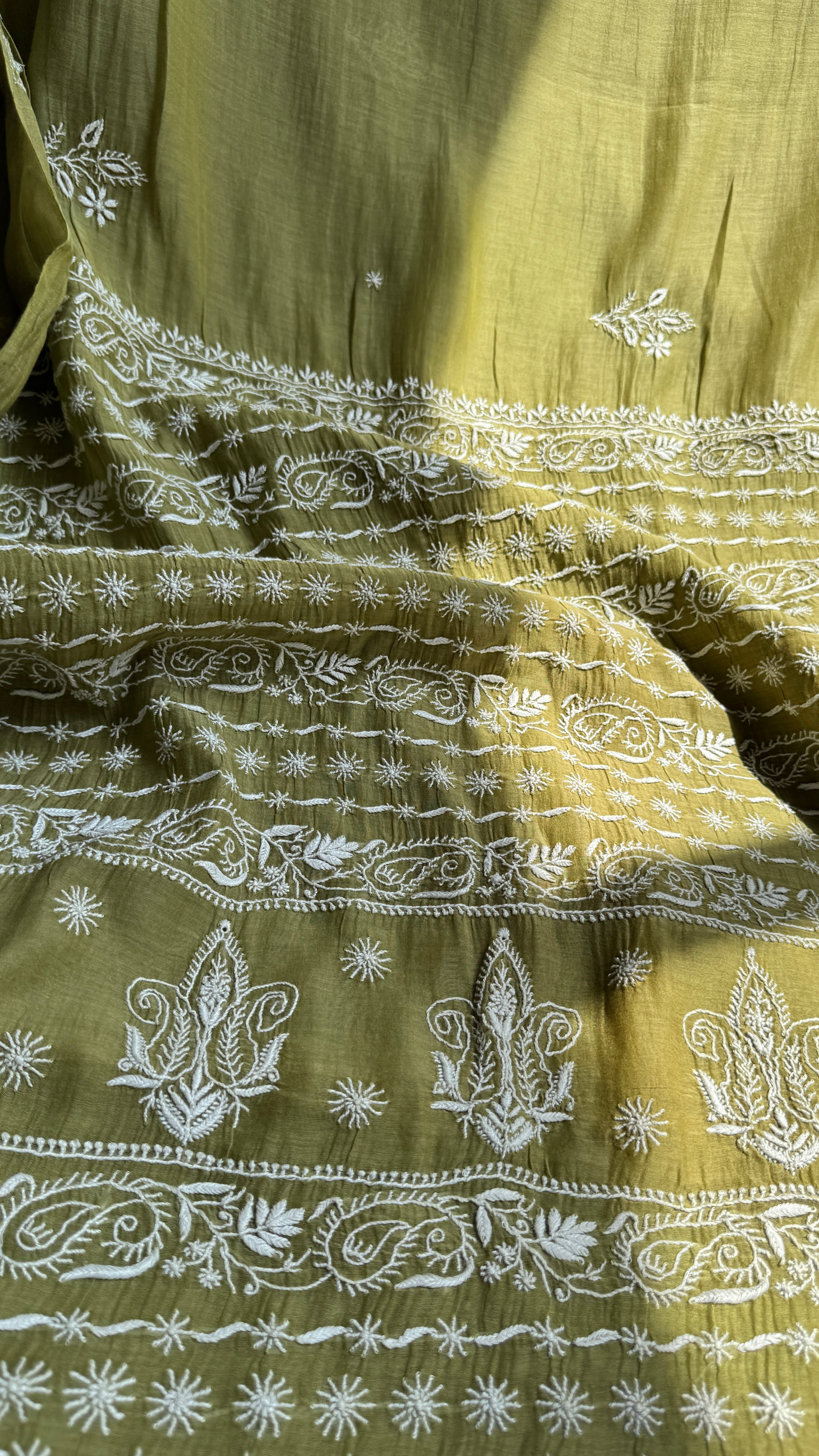 Pure Mul Chanderi Chikankari saree in Mehandi Green