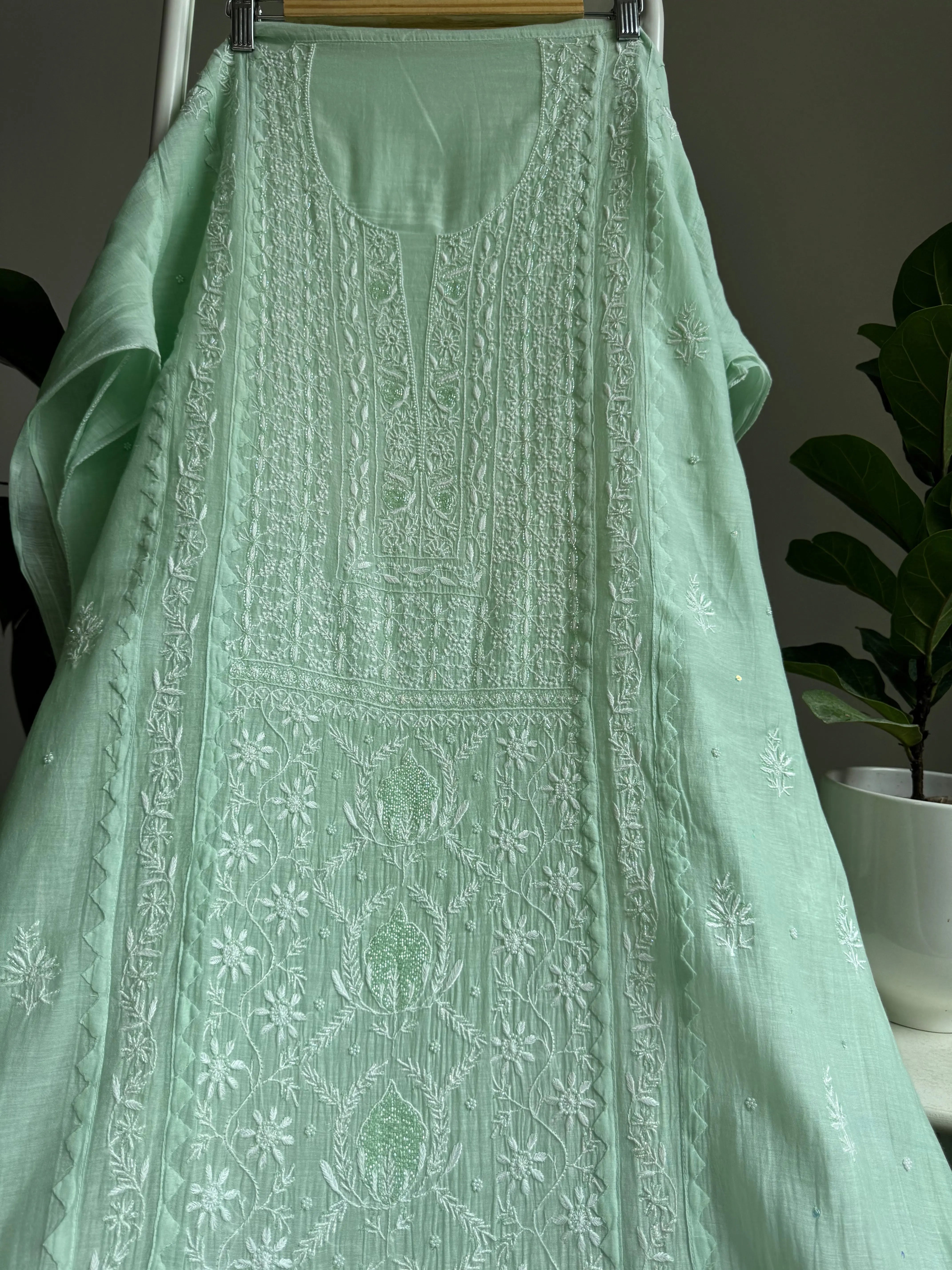 Mul Chanderi Straight Tunic - Green ARIAA CHIKANKARI 